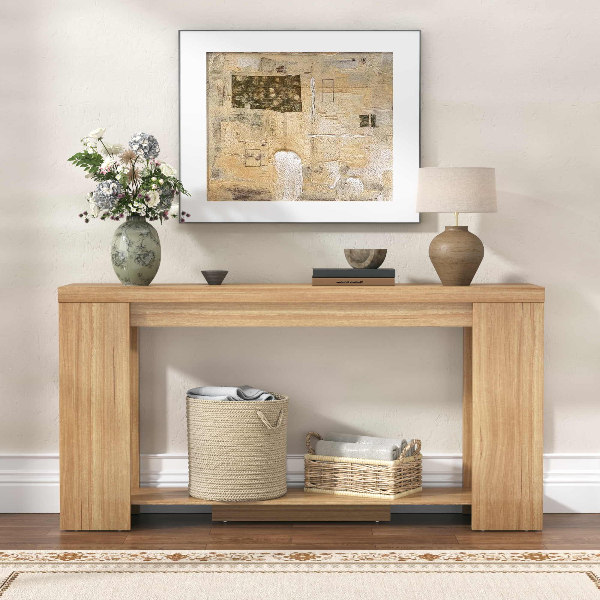 ChVans Farmhouse Long Console Table, 62" Narrow Natural Oak Entryway Table Wood Sofa Table, Entry Table, Behind Couch Foyer Tables for Entryway, Living Room, Entrance