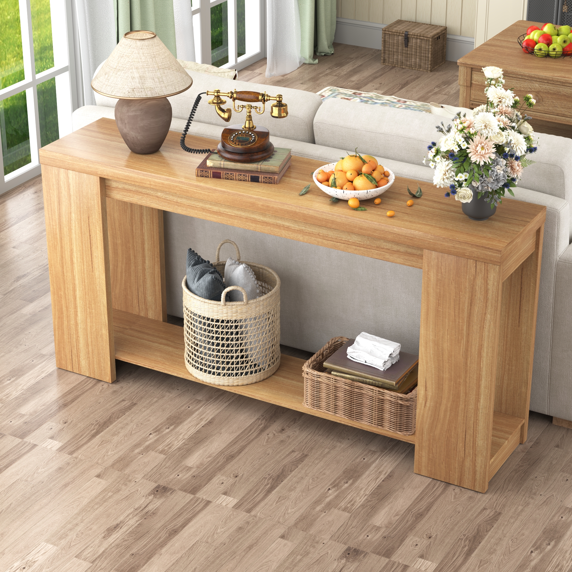 ChVans Farmhouse Long Console Table, 62" Narrow Natural Oak Entryway Table Wood Sofa Table, Entry Table, Behind Couch Foyer Tables for Entryway, Living Room, Entrance