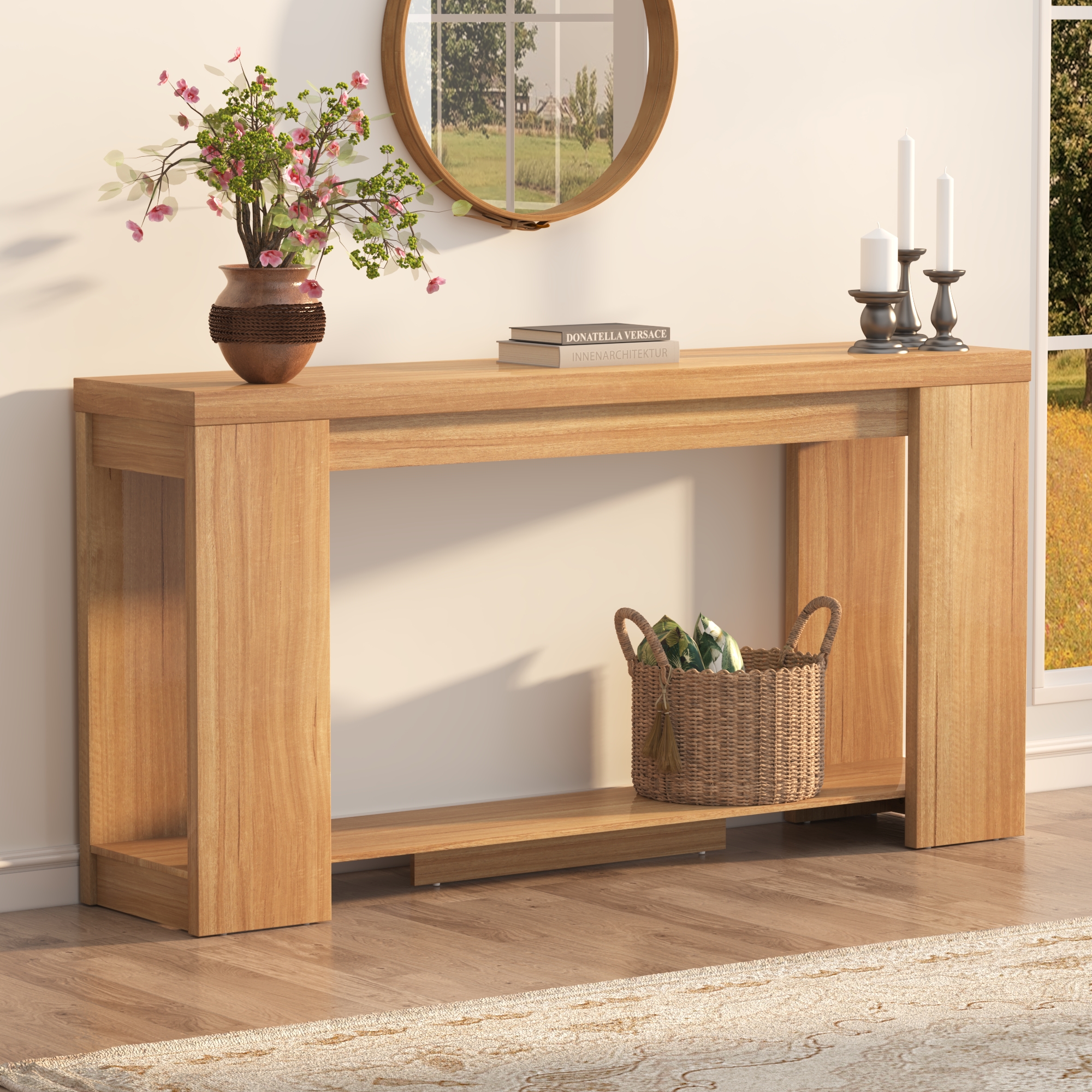 ChVans Farmhouse Long Console Table, 62" Narrow Natural Oak Entryway Table Wood Sofa Table, Entry Table, Behind Couch Foyer Tables for Entryway, Living Room, Entrance