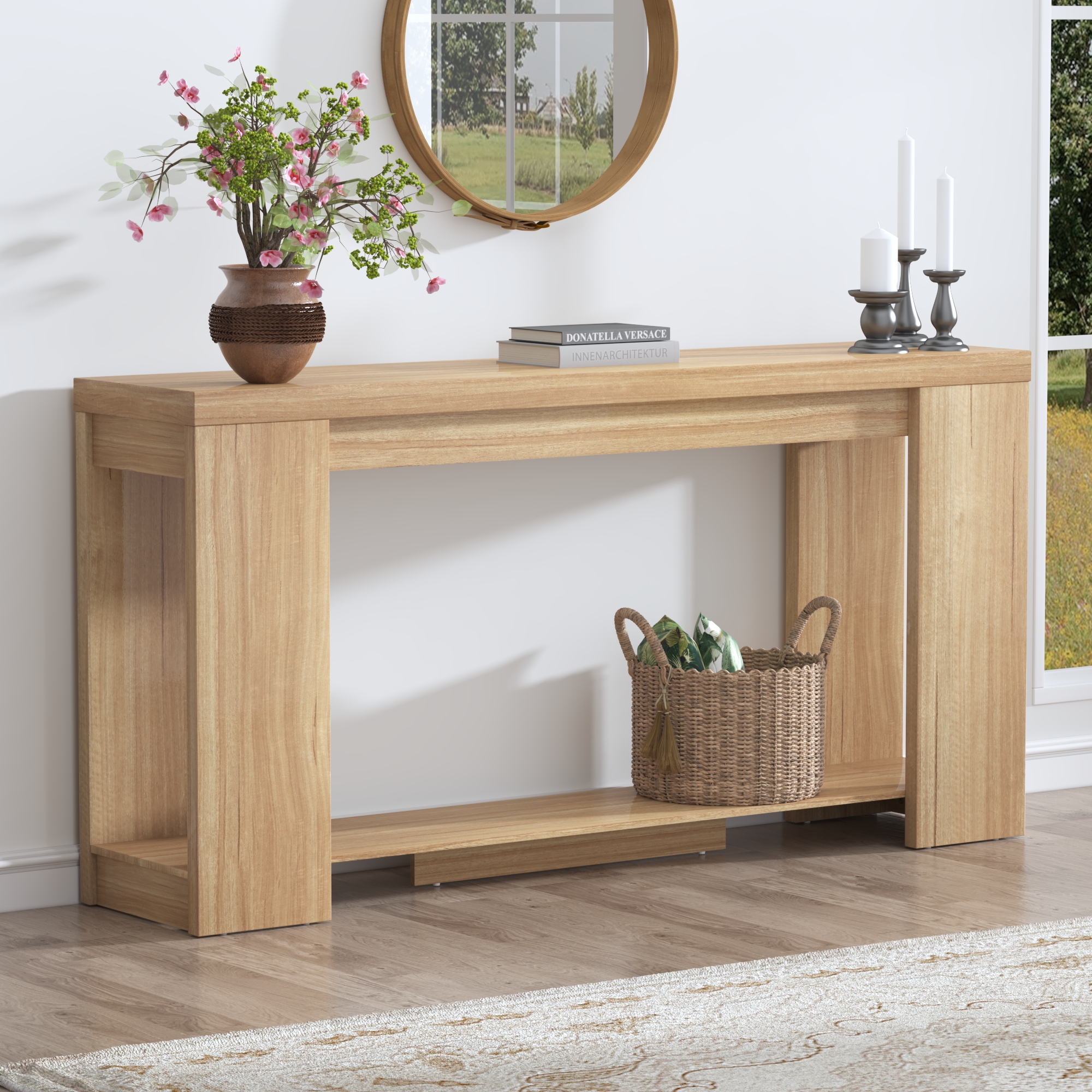 ChVans Farmhouse Long Console Table, 62" Narrow Natural Oak Entryway Table Wood Sofa Table, Entry Table, Behind Couch Foyer Tables for Entryway, Living Room, Entrance