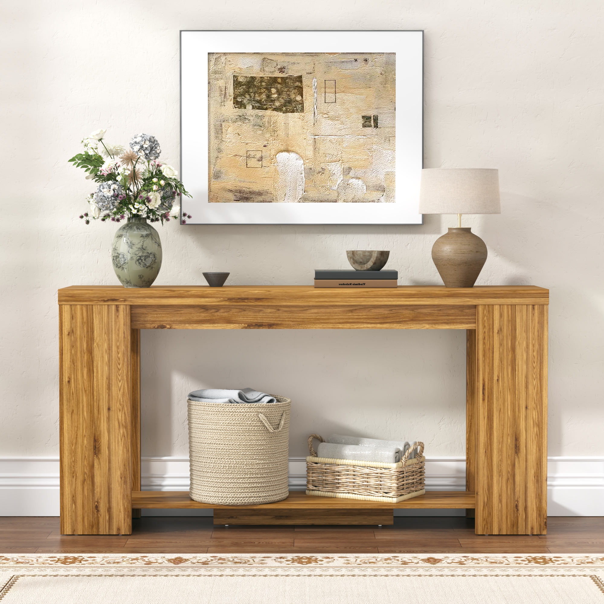 ChVans Farmhouse Long Console Table, 62" Narrow Natural Oak Entryway Table Wood Sofa Table, Entry Table, Behind Couch Foyer Tables for Entryway, Living Room, Entrance