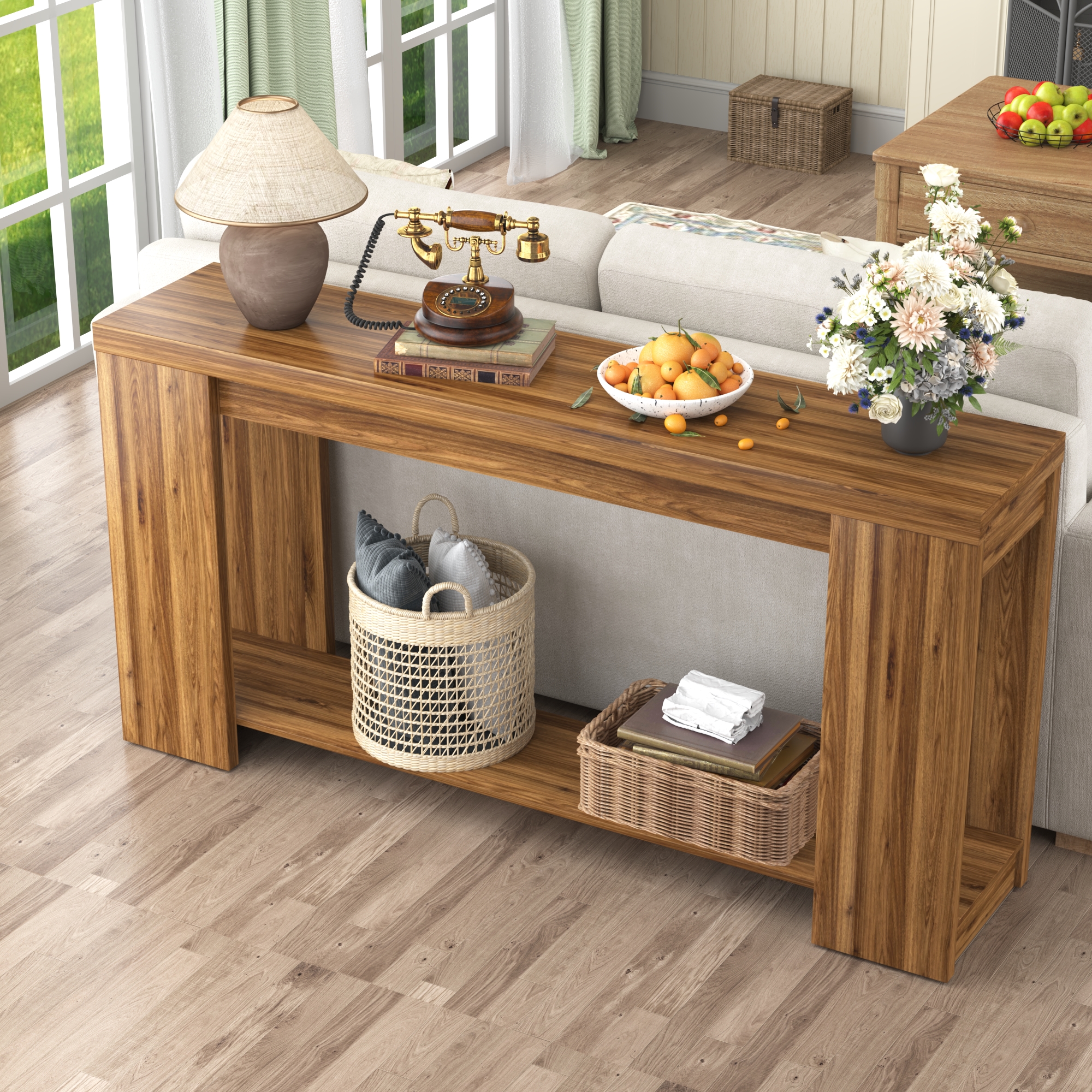 ChVans Farmhouse Long Console Table, 62" Narrow Natural Oak Entryway Table Wood Sofa Table, Entry Table, Behind Couch Foyer Tables for Entryway, Living Room, Entrance