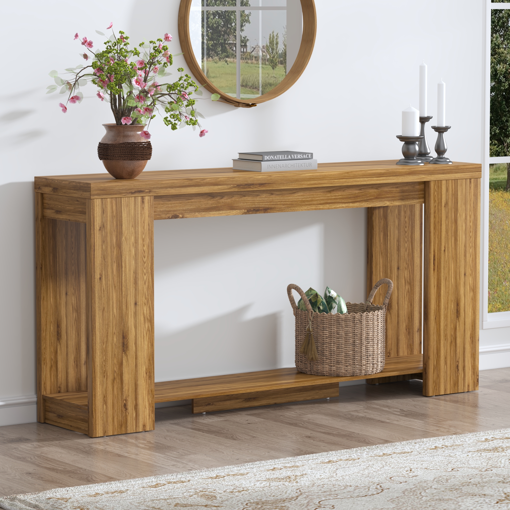 ChVans Farmhouse Long Console Table, 62" Narrow Natural Oak Entryway Table Wood Sofa Table, Entry Table, Behind Couch Foyer Tables for Entryway, Living Room, Entrance