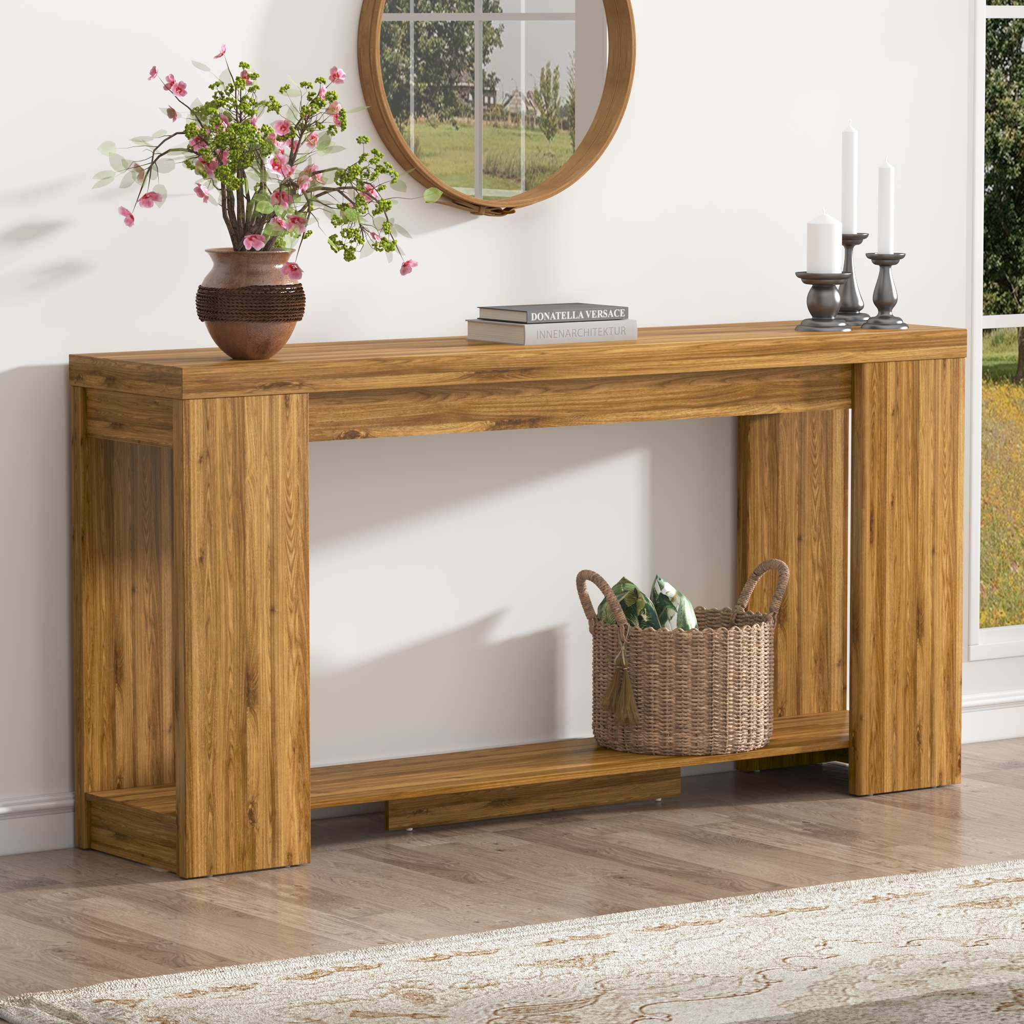 ChVans Farmhouse Long Console Table, 62" Narrow Natural Oak Entryway Table Wood Sofa Table, Entry Table, Behind Couch Foyer Tables for Entryway, Living Room, Entrance