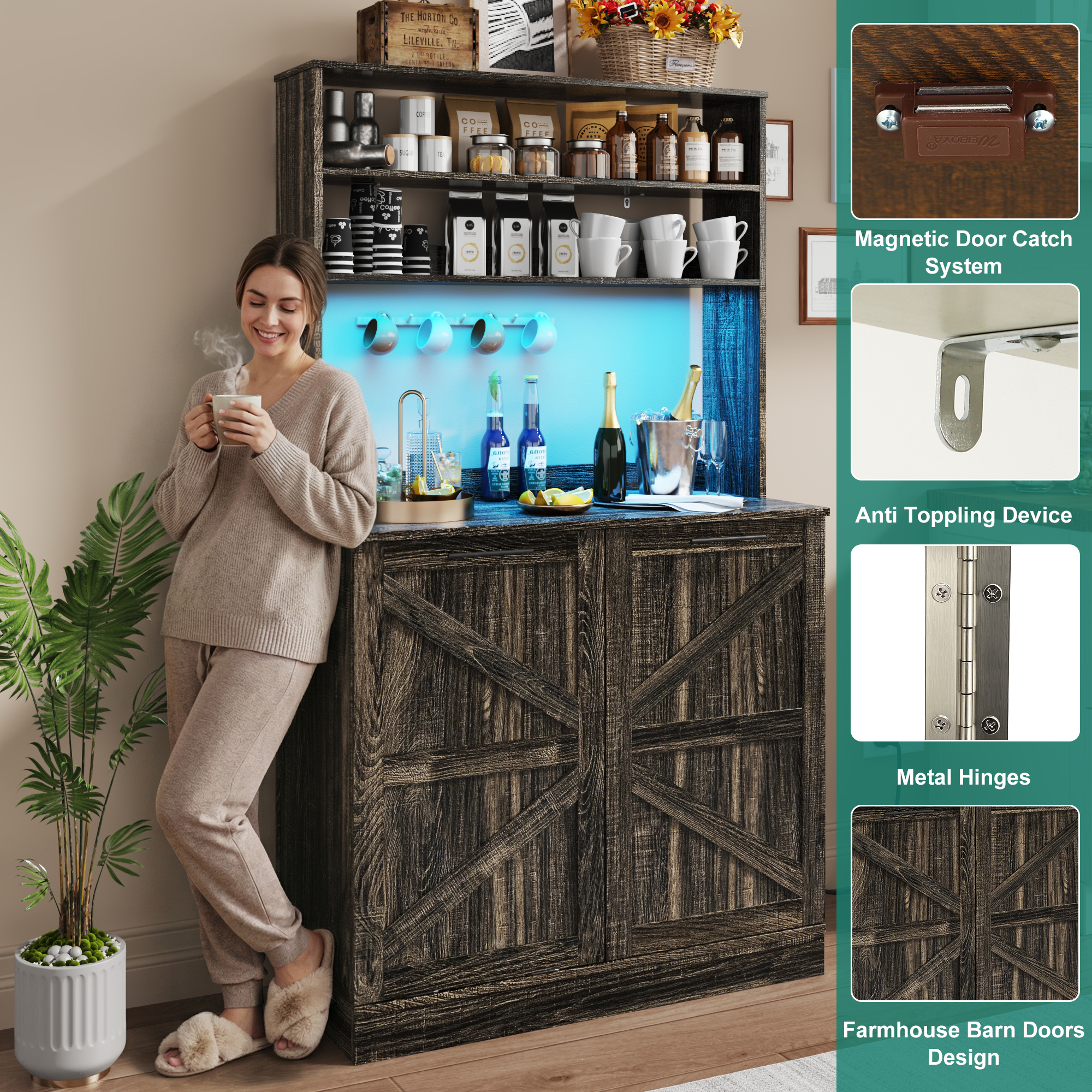 ChVans Farmhouse Kitchen Bakers Rack with 10 Gallon Tilt Out Trash Can Cabinet, Pantry Cabinet with LED Light, Power Outlet, Storage Shelf, 6-Tiers Tall Coffee Bar with Hutch for Kitchen Living Room