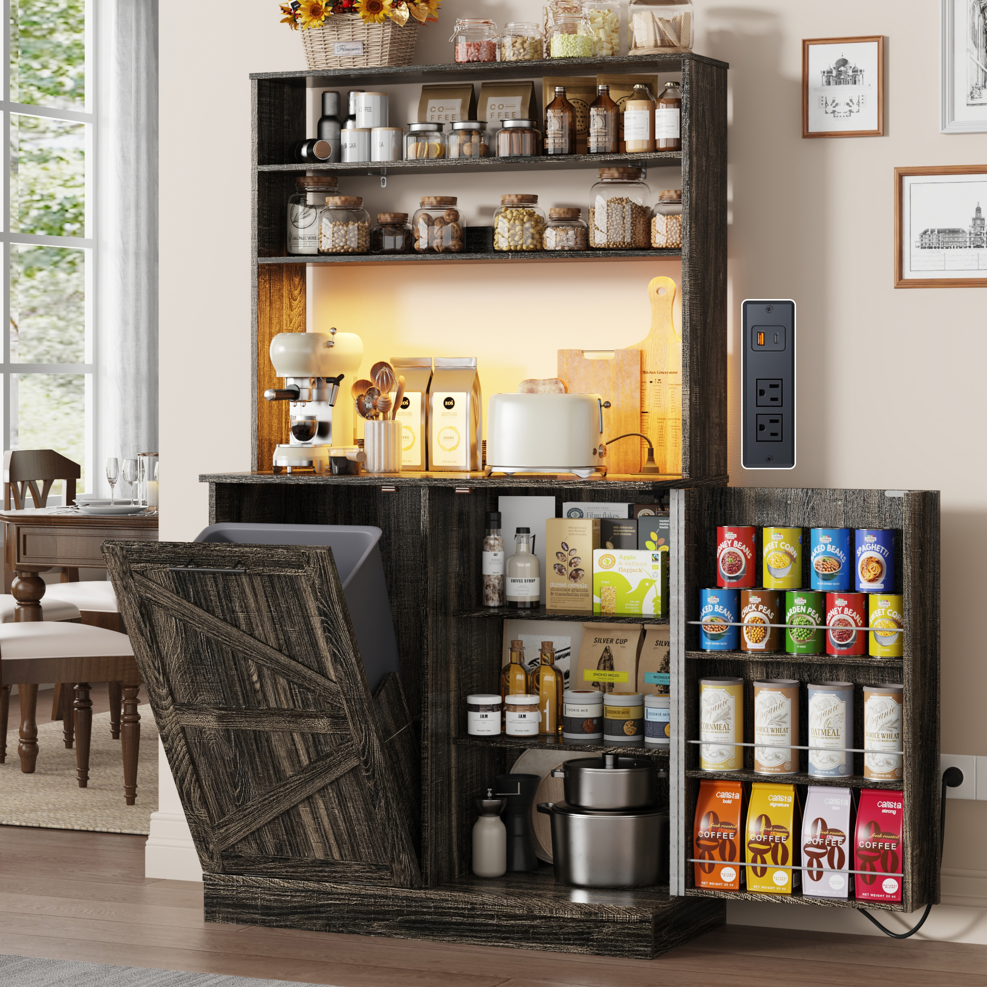 ChVans Farmhouse Kitchen Bakers Rack with 10 Gallon Tilt Out Trash Can Cabinet, Pantry Cabinet with LED Light, Power Outlet, Storage Shelf, 6-Tiers Tall Coffee Bar with Hutch for Kitchen Living Room