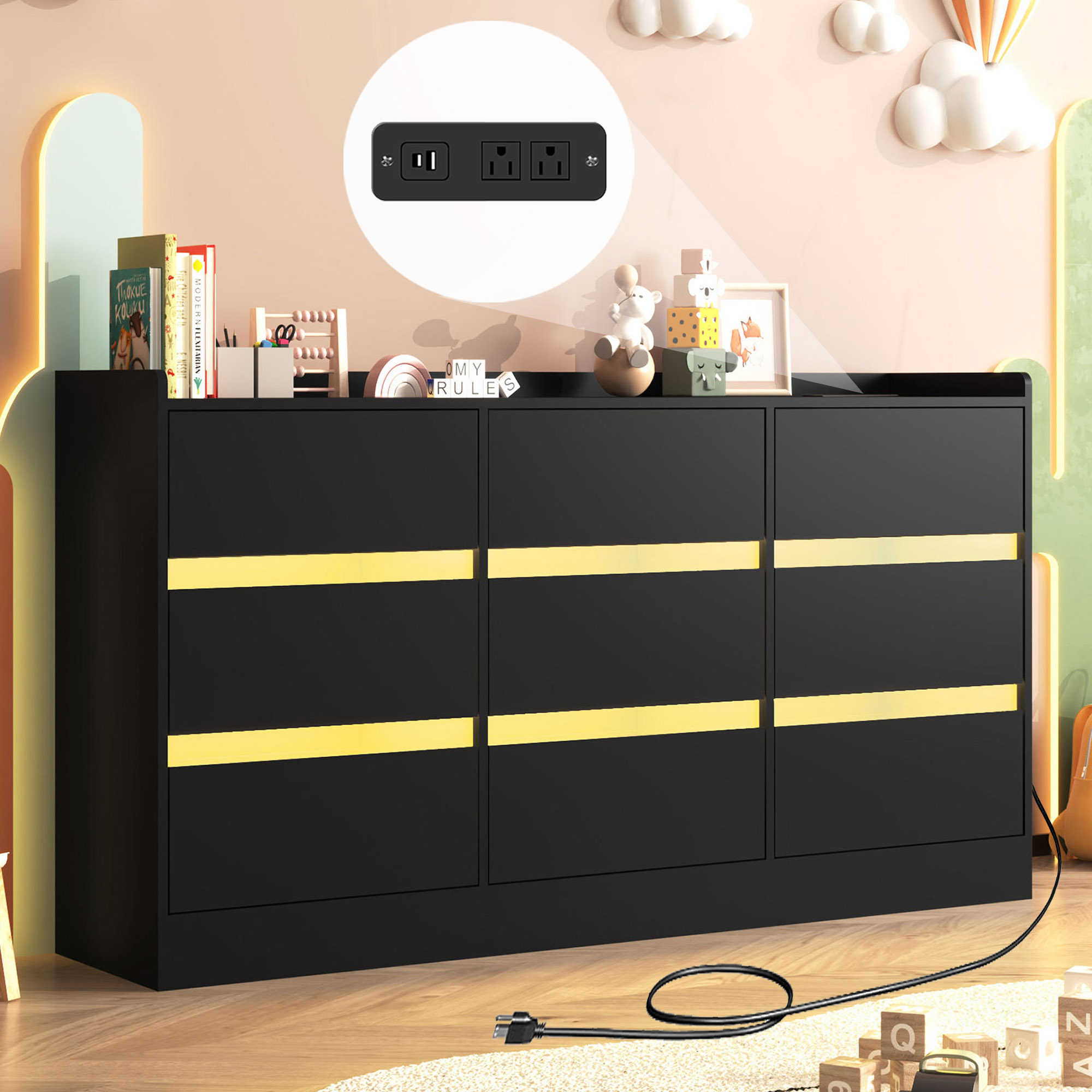 9 Drawer Dresser Chest of Drawer with LED Lights & Charging Station for Bedroom