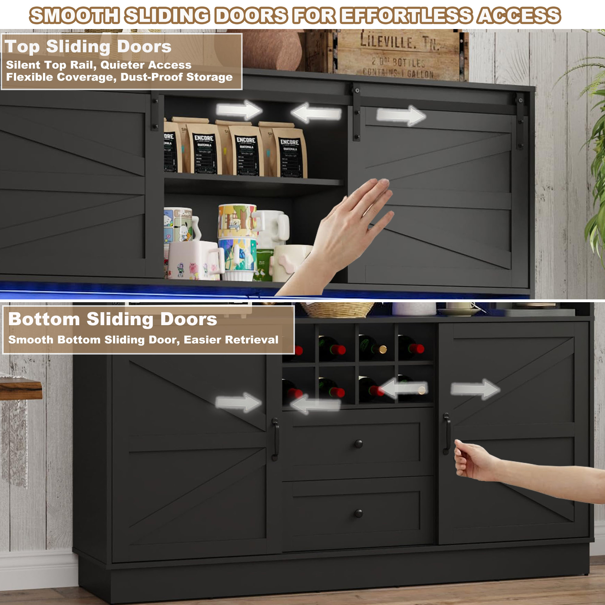63"W 75"H Farmhouse Coffee Bar Cabinet with Hutch