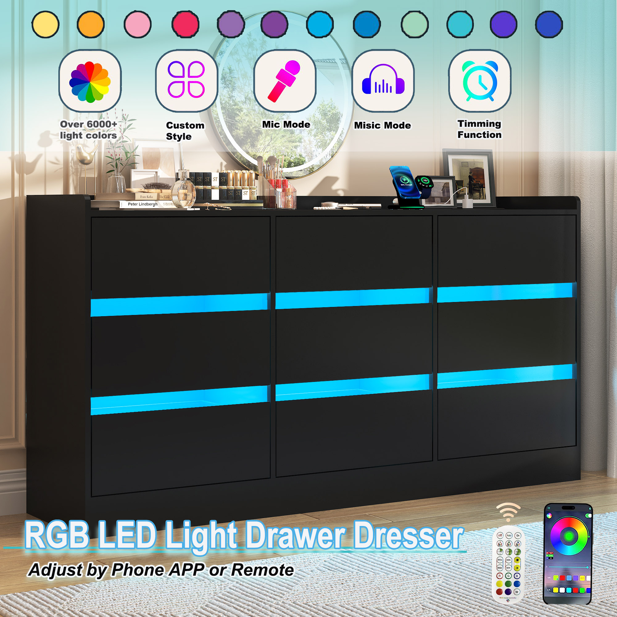 9 Drawer Dresser Chest of Drawer with LED Lights & Charging Station for Bedroom