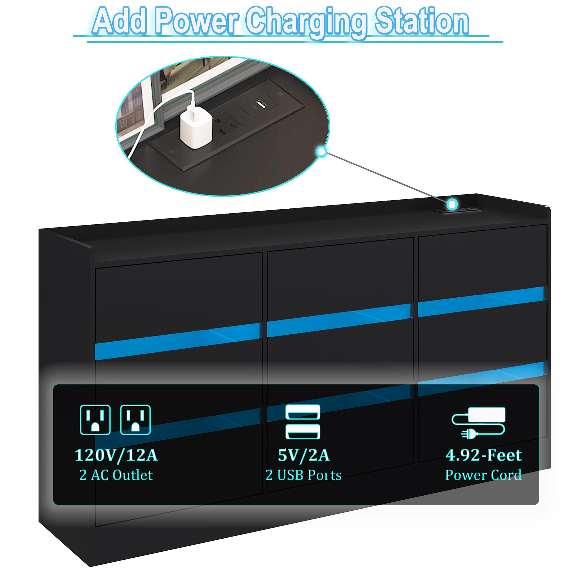 9 Drawer Dresser Chest of Drawer with LED Lights & Charging Station for Bedroom