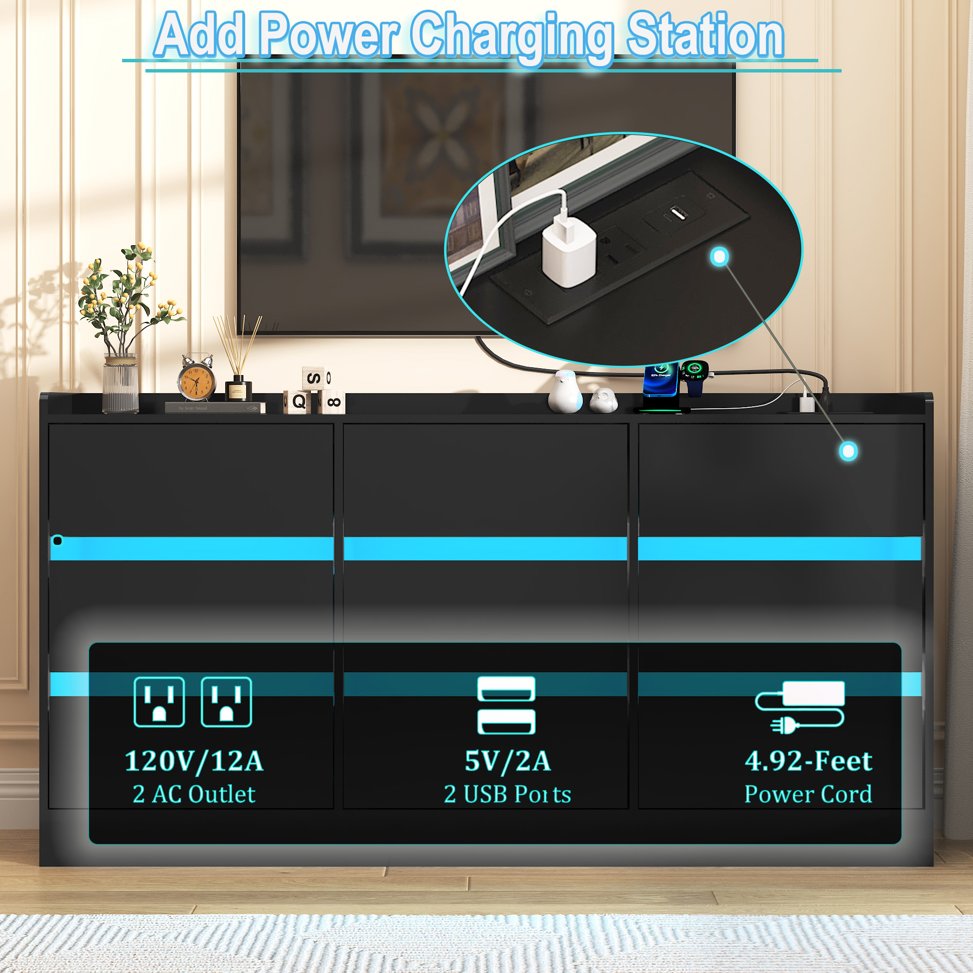 9 Drawer Dresser Chest of Drawer with LED Lights & Charging Station for Bedroom