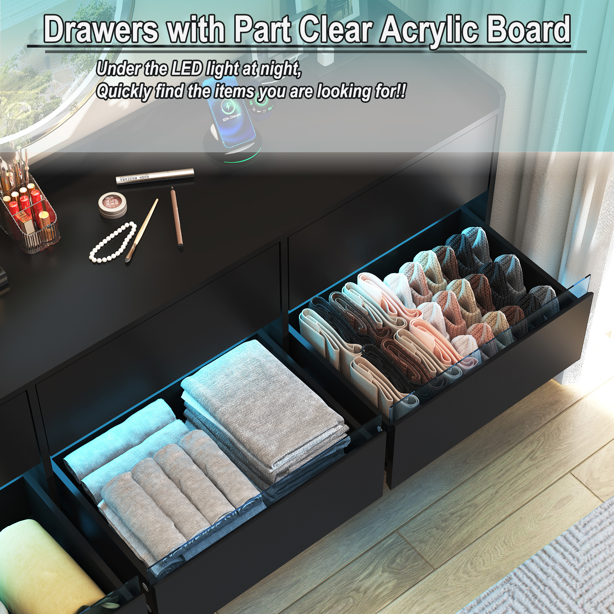 9 Drawer Dresser Chest of Drawer with LED Lights & Charging Station for Bedroom