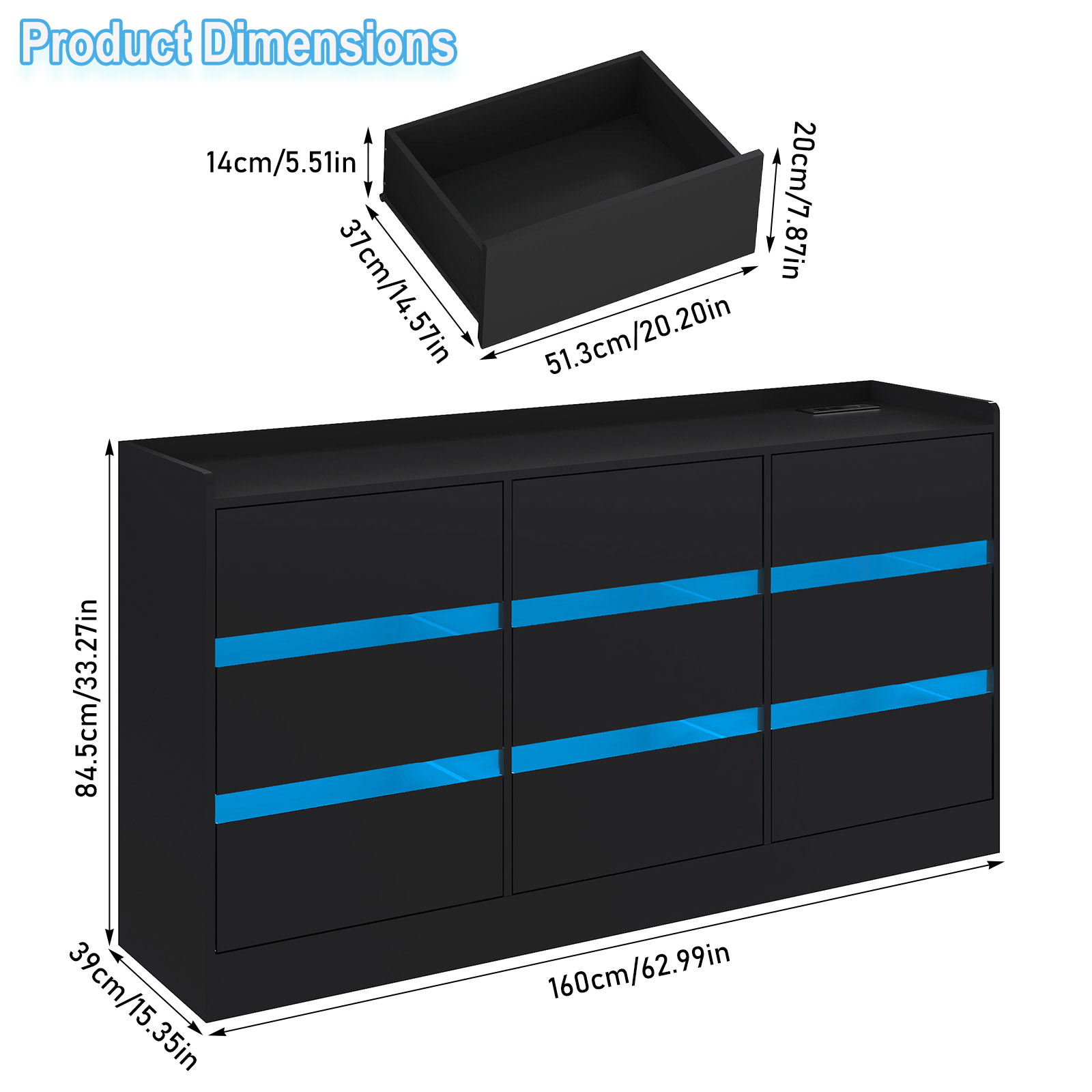 9 Drawer Dresser Chest of Drawer with LED Lights & Charging Station for Bedroom