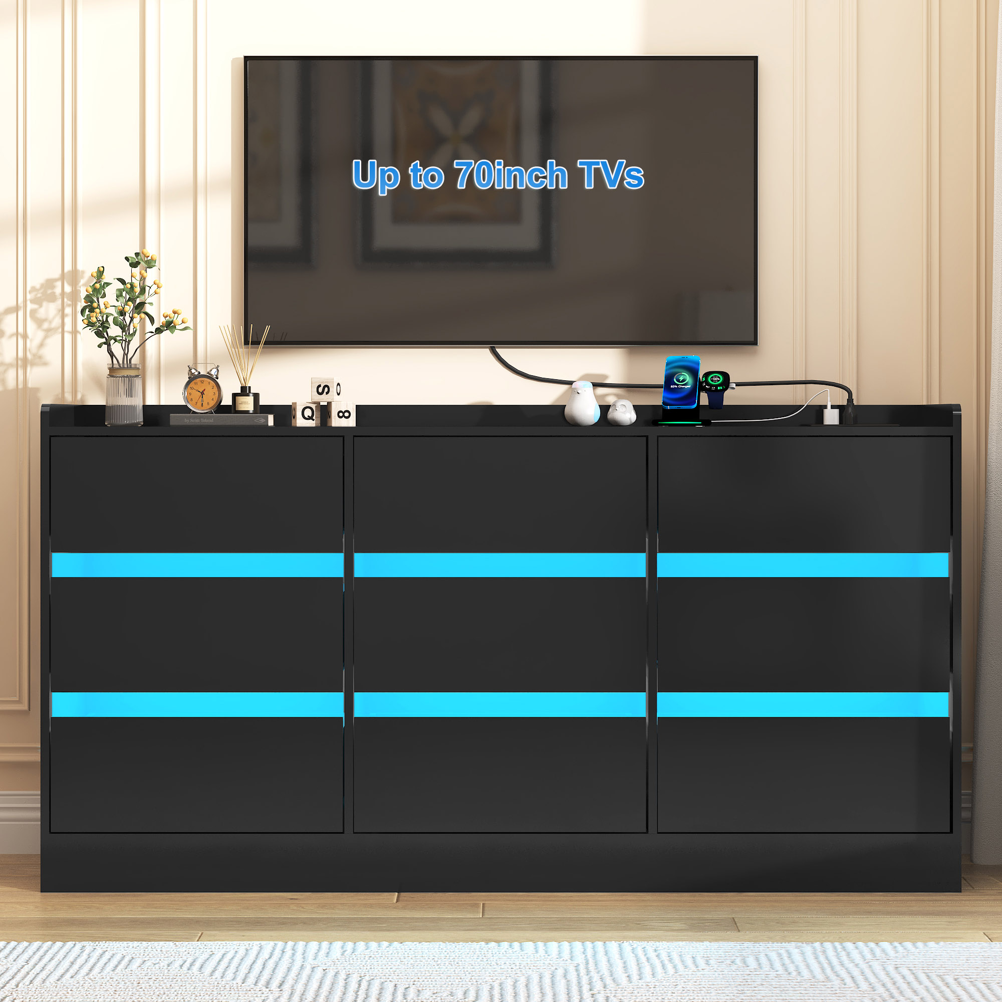 9 Drawer Dresser Chest of Drawer with LED Lights & Charging Station for Bedroom