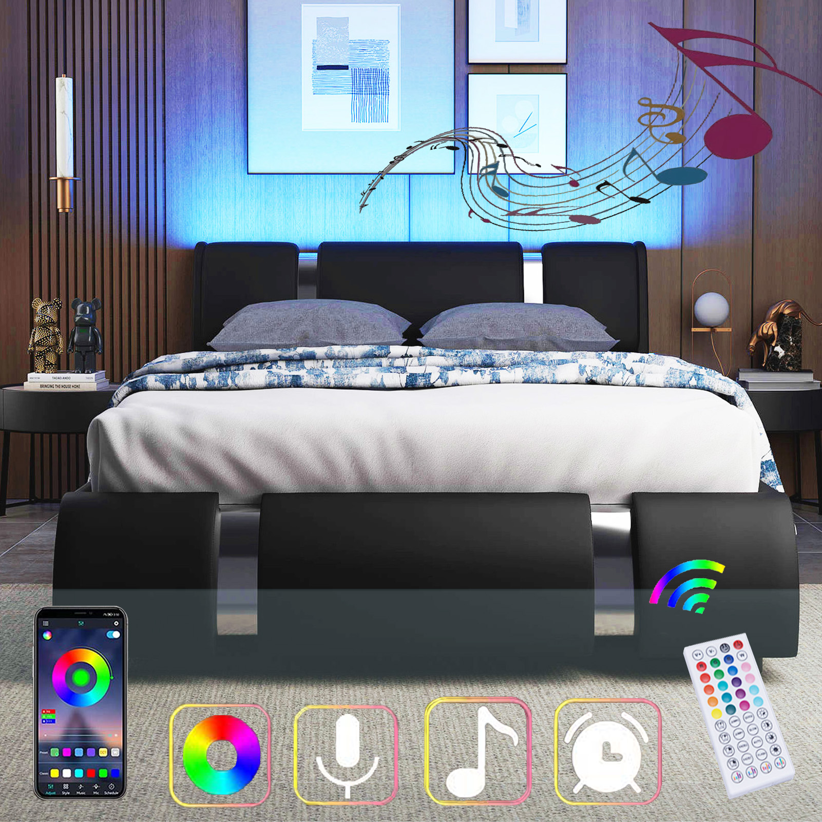 Faux Leather Bed Frame with Adjustable Headboard, LED Light Upholstered Platform Bed