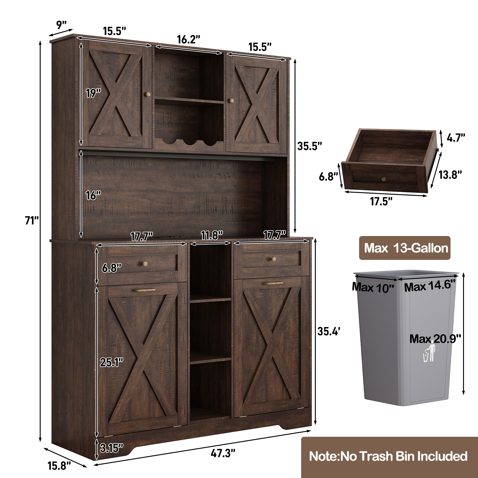ChVans 71" Tall 47"Wide Kitchen Pantry Cabinet with Charging Station & Microwave Shelf, Farmhouse Kitchen Double Tilt Out Trash Cabinet 10X2 Gallon Garbage Holder with 2 Drawers Storage