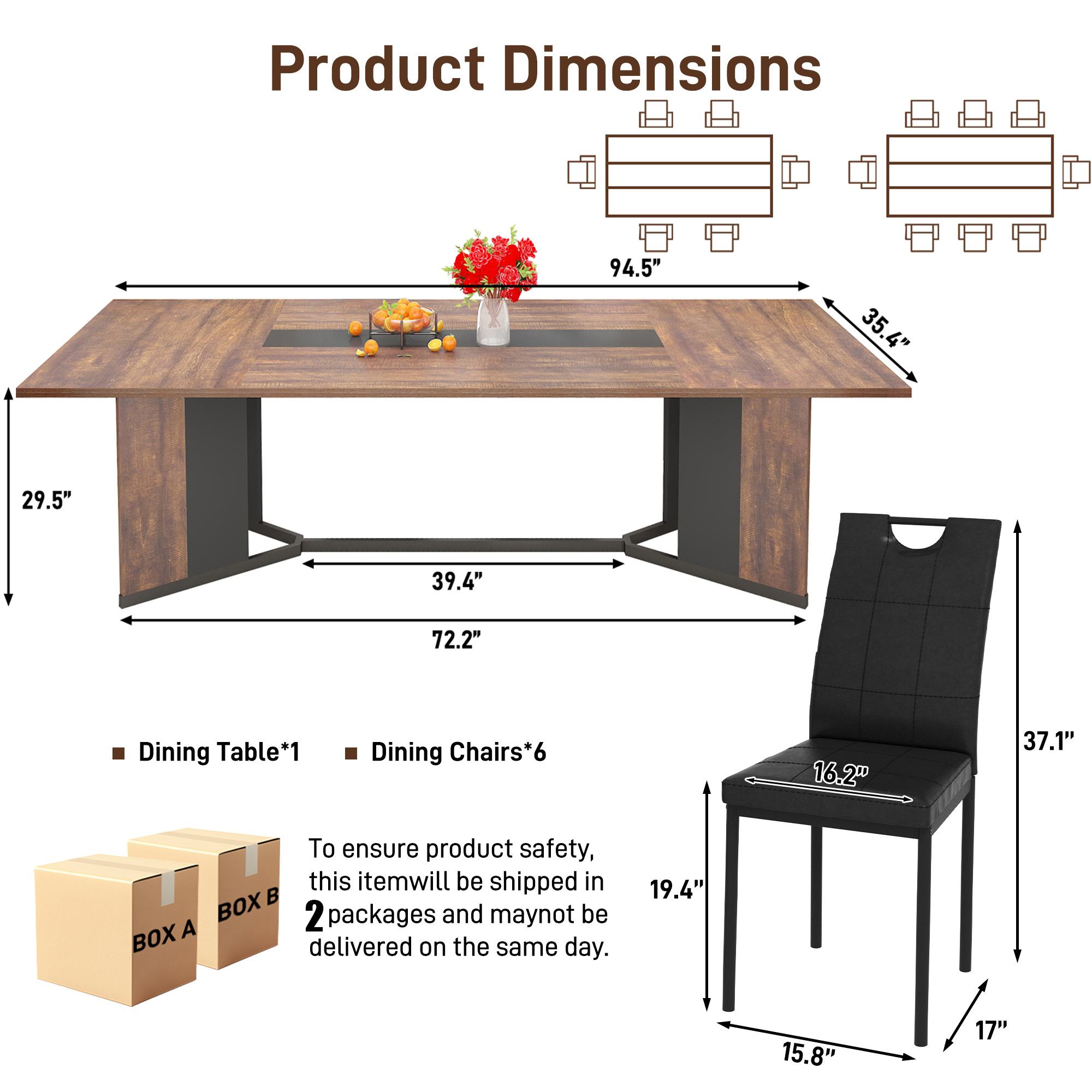 ANPOO 7-Piece Kitchen Dining Set for 4-8 People, 71" Rectangle Waterproof Wooden Table with 6 Chairs, Easy Clean Farmhouse Dining Table for Dining Room & Kitchen
