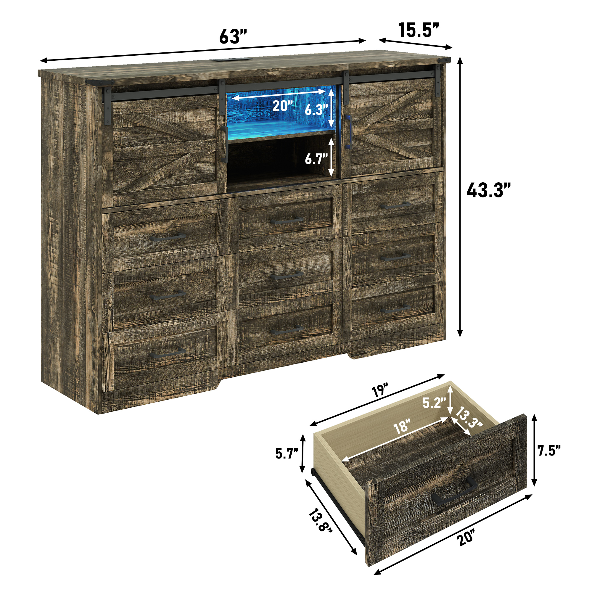 ANPOO Farmhouse 9 Drawers Dresser with LED Light&Power Outlet, Sliding Barn Door Storage Cabinet, Large Chest of Drawers for Bedroom Living Room Entryway, Wood Dresser Organizer with Spacious Storage