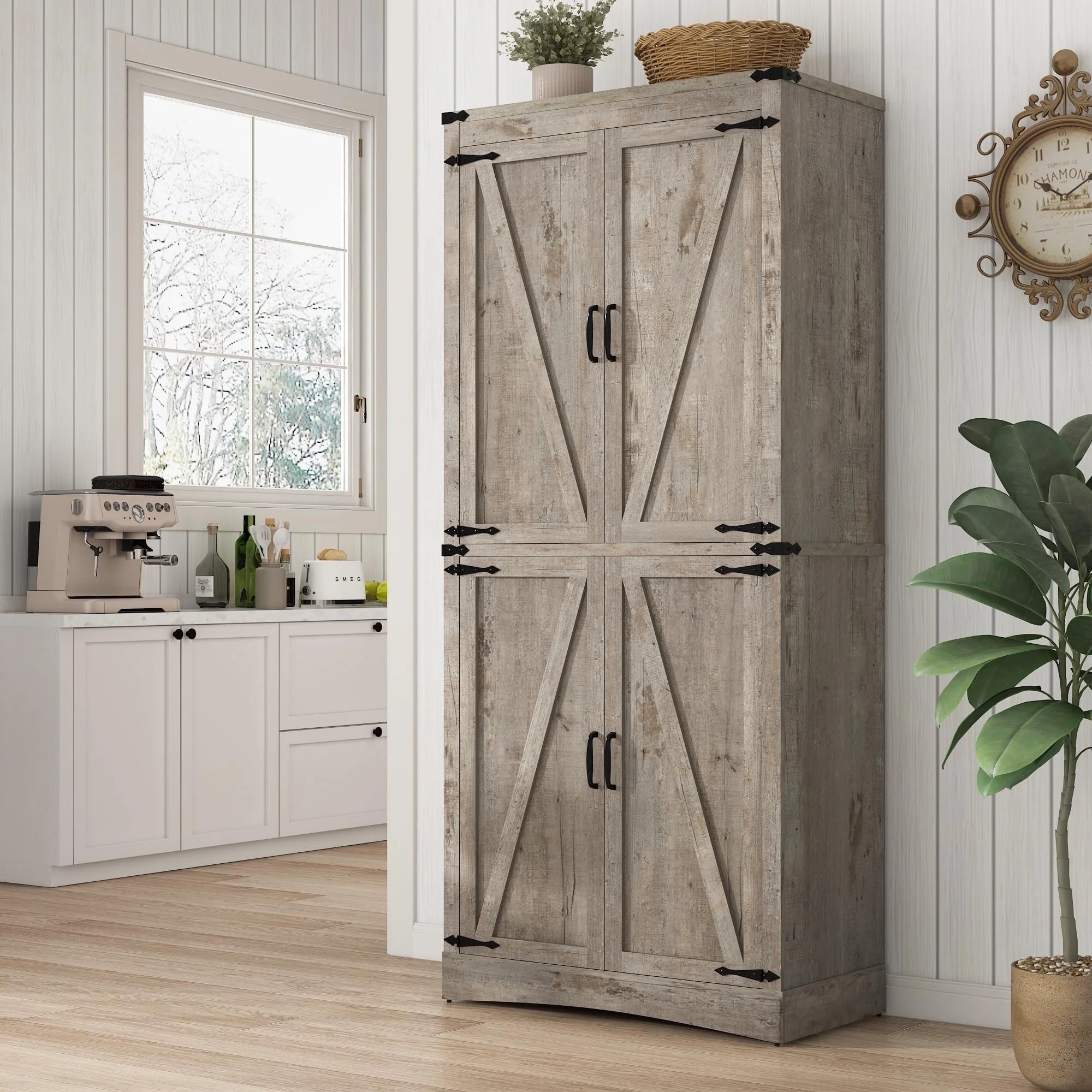 ChVans 71" Tall Farmhouse Kitchen Pantry with Adjustable Shelves,5 Layers Pantry Storage Cabinet with Load-Bearing Steel Pipe&4 Barn Doors for Kitchen,Dining Room,Living Room ,(Brown-71")