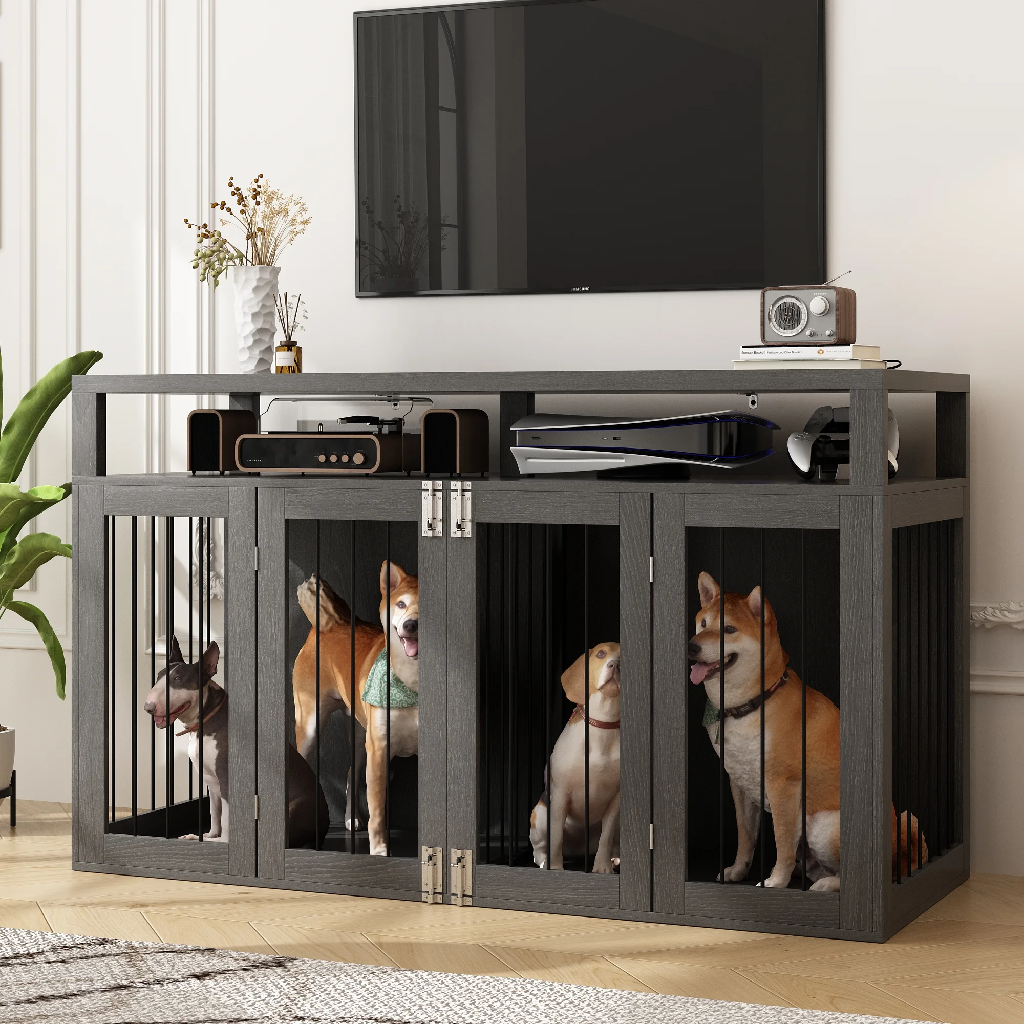 ChVans Large Double Dog Crate Furniture, 53" Wooden Dog Crate Furniture with Divider Panel & Open Storage Drawers, XL-XXL Heavty Duty Dog Crates Furniture for 2 Medium or Large Dogs, Dog Cage TV Stand