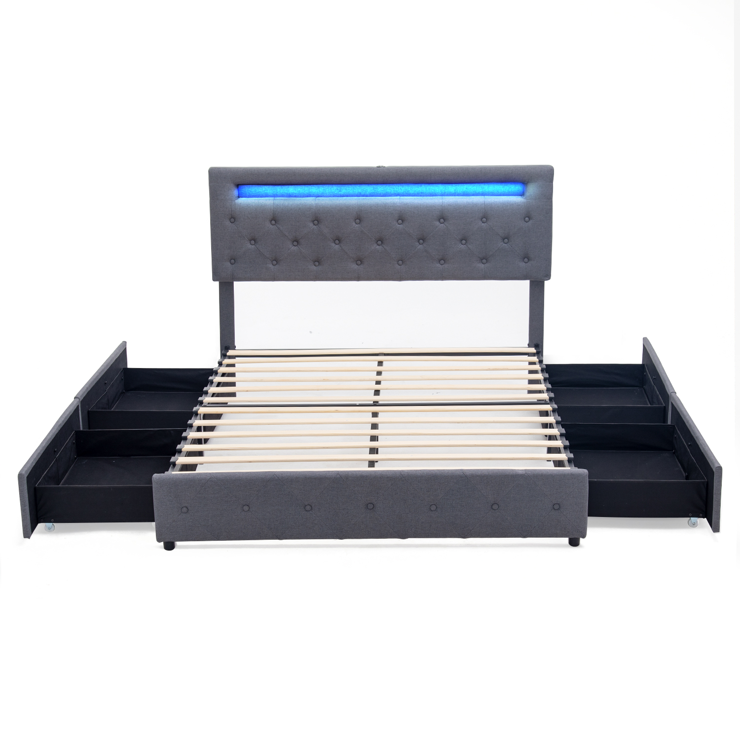QUEEN Size Bed Frame with LED Light Headboard, Upholstered Platform Bed with 4 Drawers, Adjustable LED Lights Headboard