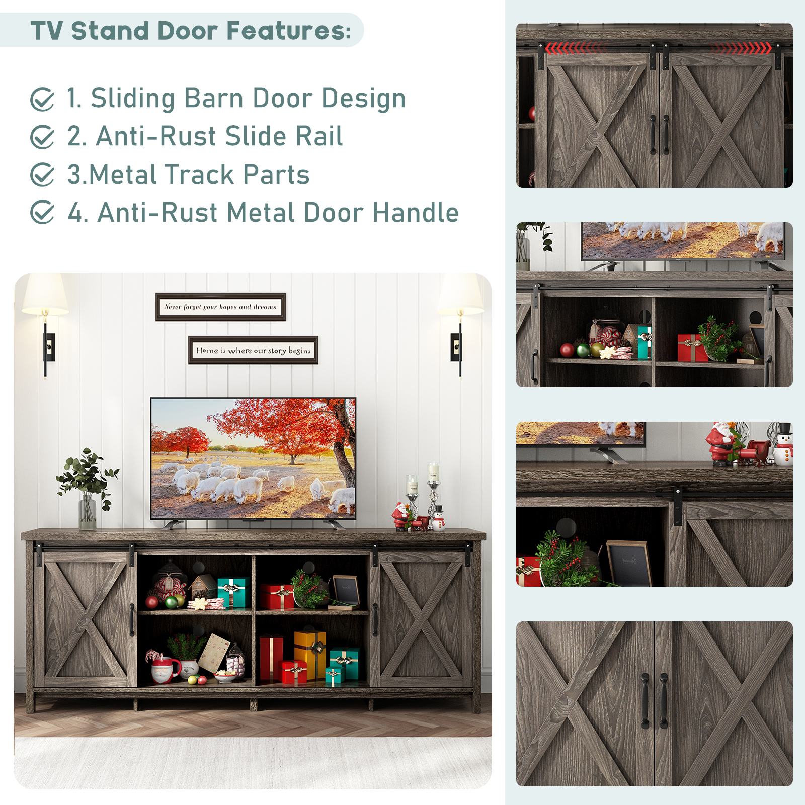 ChVans 70" Farmhouse Sliding Barn Door TV Stand for TVs Up to 80" TVs, Entertainment Center Console Table with Adjustable Shevles