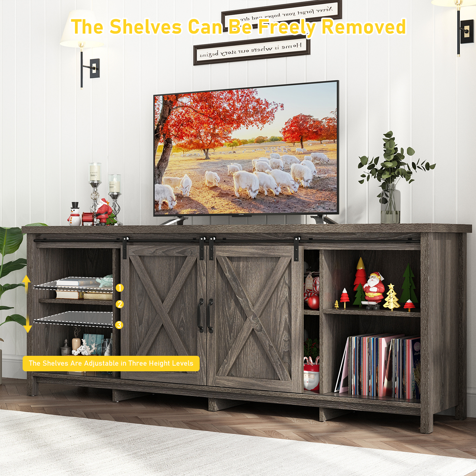 ChVans 70" Farmhouse Sliding Barn Door TV Stand for TVs Up to 80" TVs, Entertainment Center Console Table with Adjustable Shevles