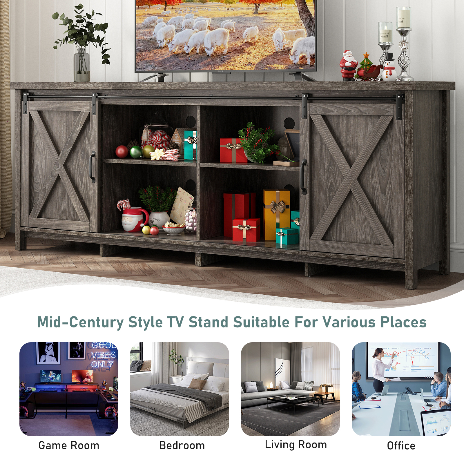 ChVans 70" Farmhouse Sliding Barn Door TV Stand for TVs Up to 80" TVs, Entertainment Center Console Table with Adjustable Shevles
