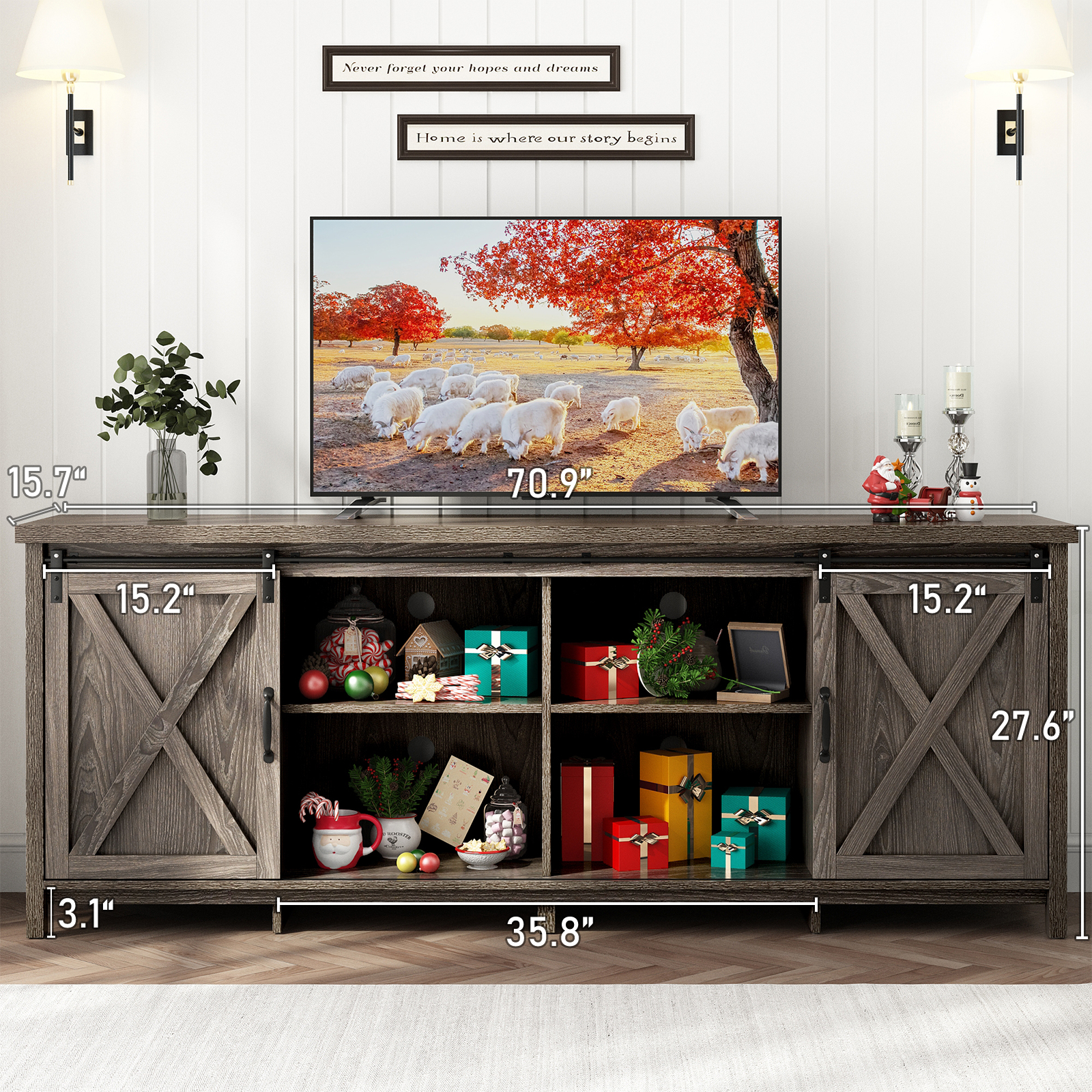 ChVans 70" Farmhouse Sliding Barn Door TV Stand for TVs Up to 80" TVs, Entertainment Center Console Table with Adjustable Shevles