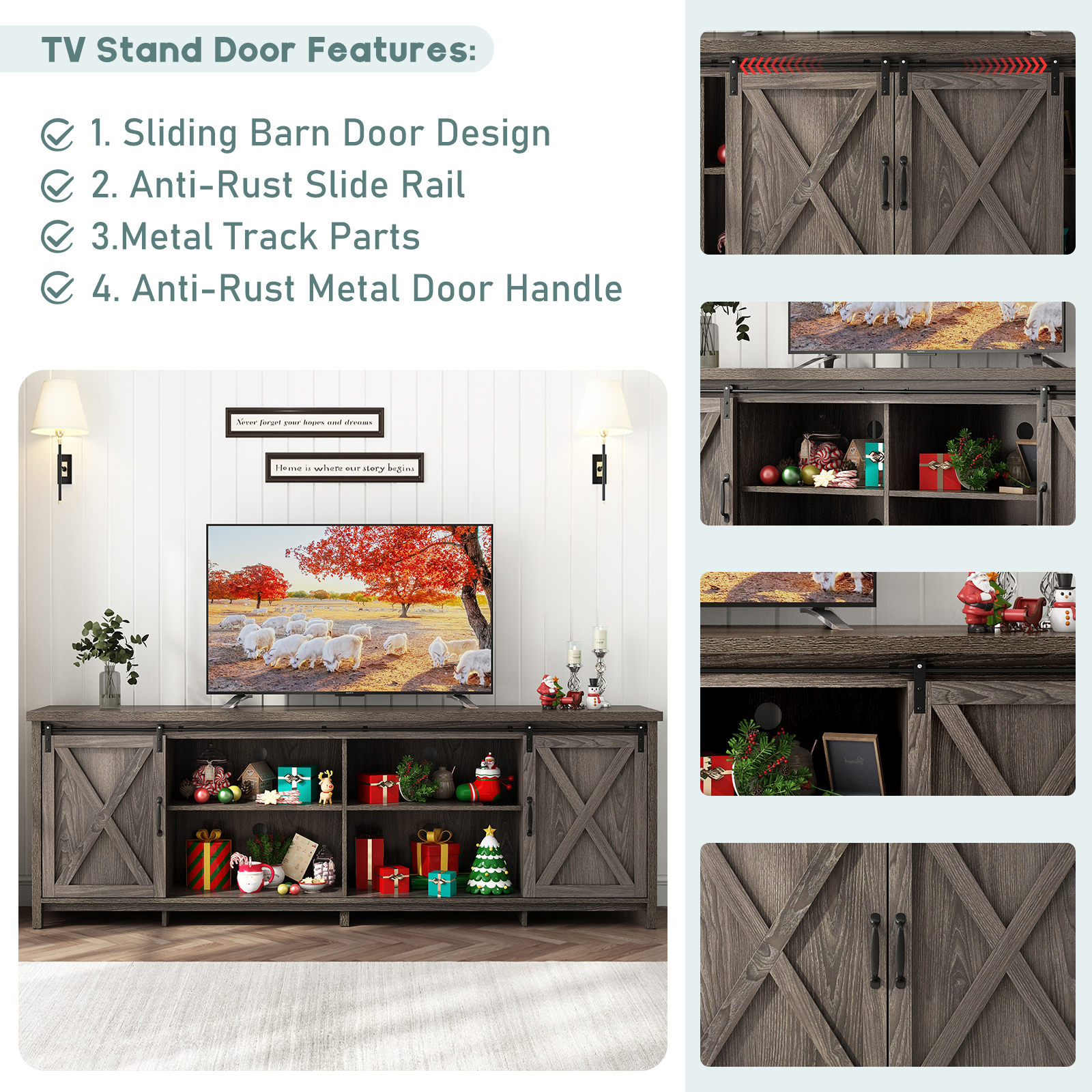 ChVans 70" Farmhouse Sliding Barn Door TV Stand for TVs Up to 80" TVs, Entertainment Center Console Table with Adjustable Shevles
