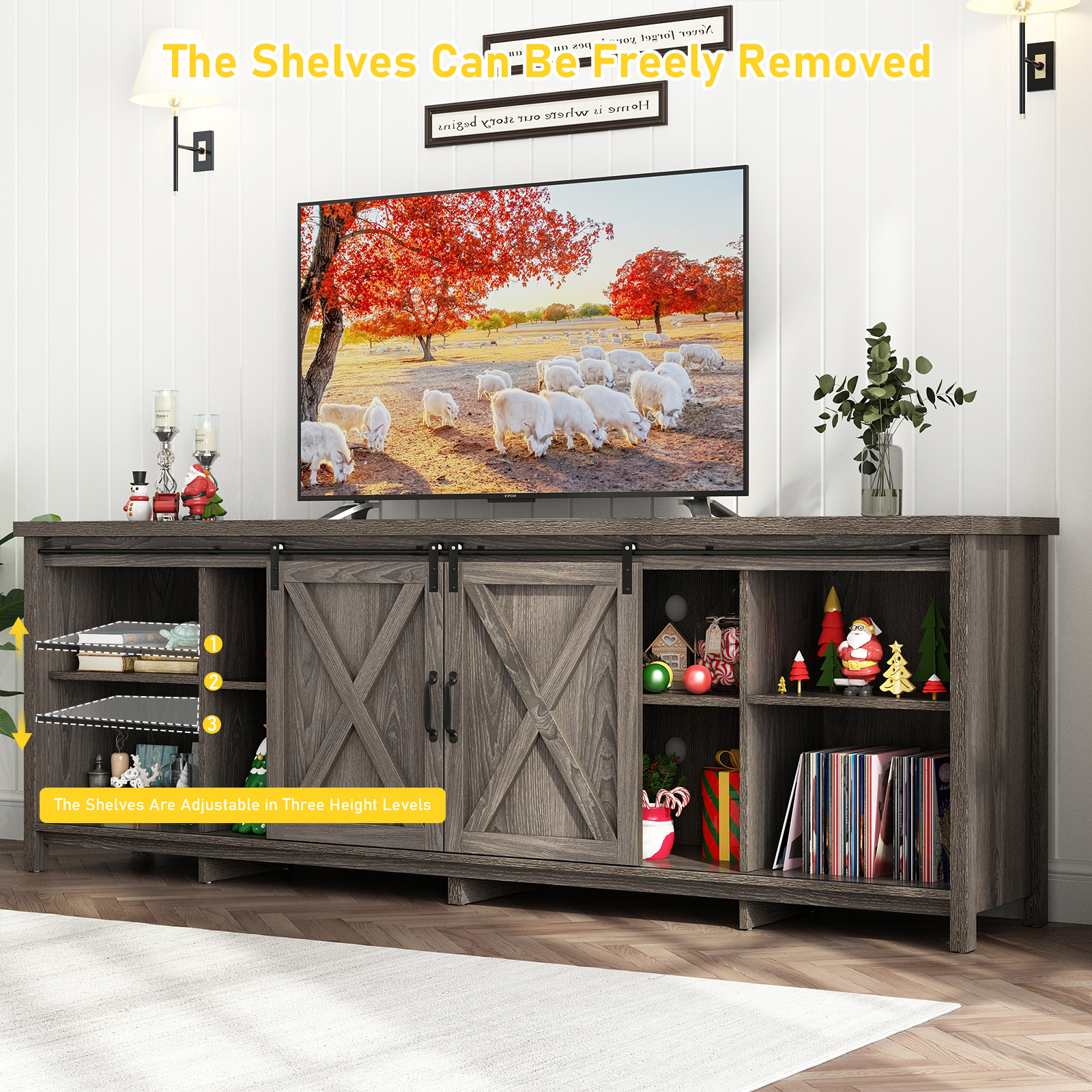 ChVans 70" Farmhouse Sliding Barn Door TV Stand for TVs Up to 80" TVs, Entertainment Center Console Table with Adjustable Shevles