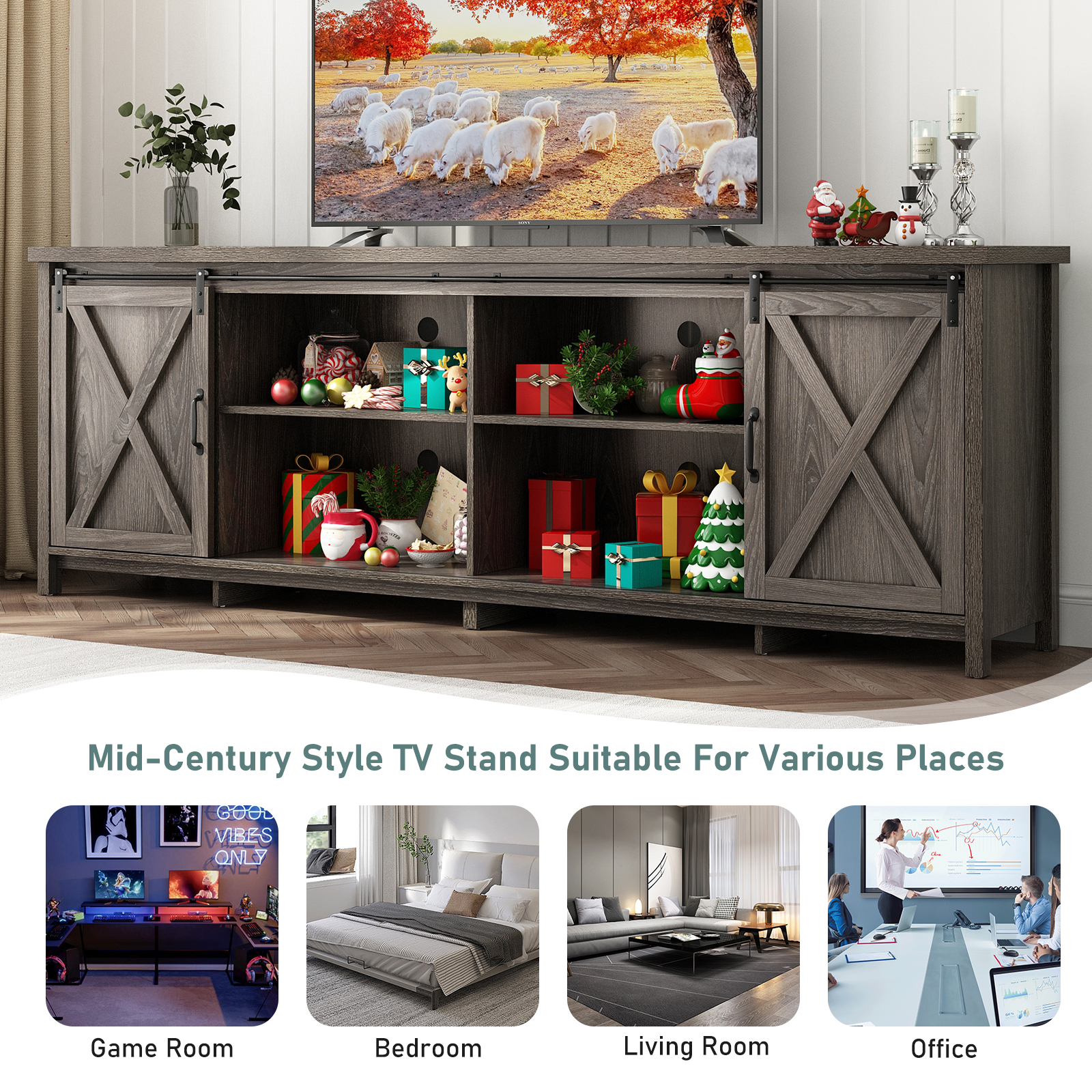 ChVans 70" Farmhouse Sliding Barn Door TV Stand for TVs Up to 80" TVs, Entertainment Center Console Table with Adjustable Shevles