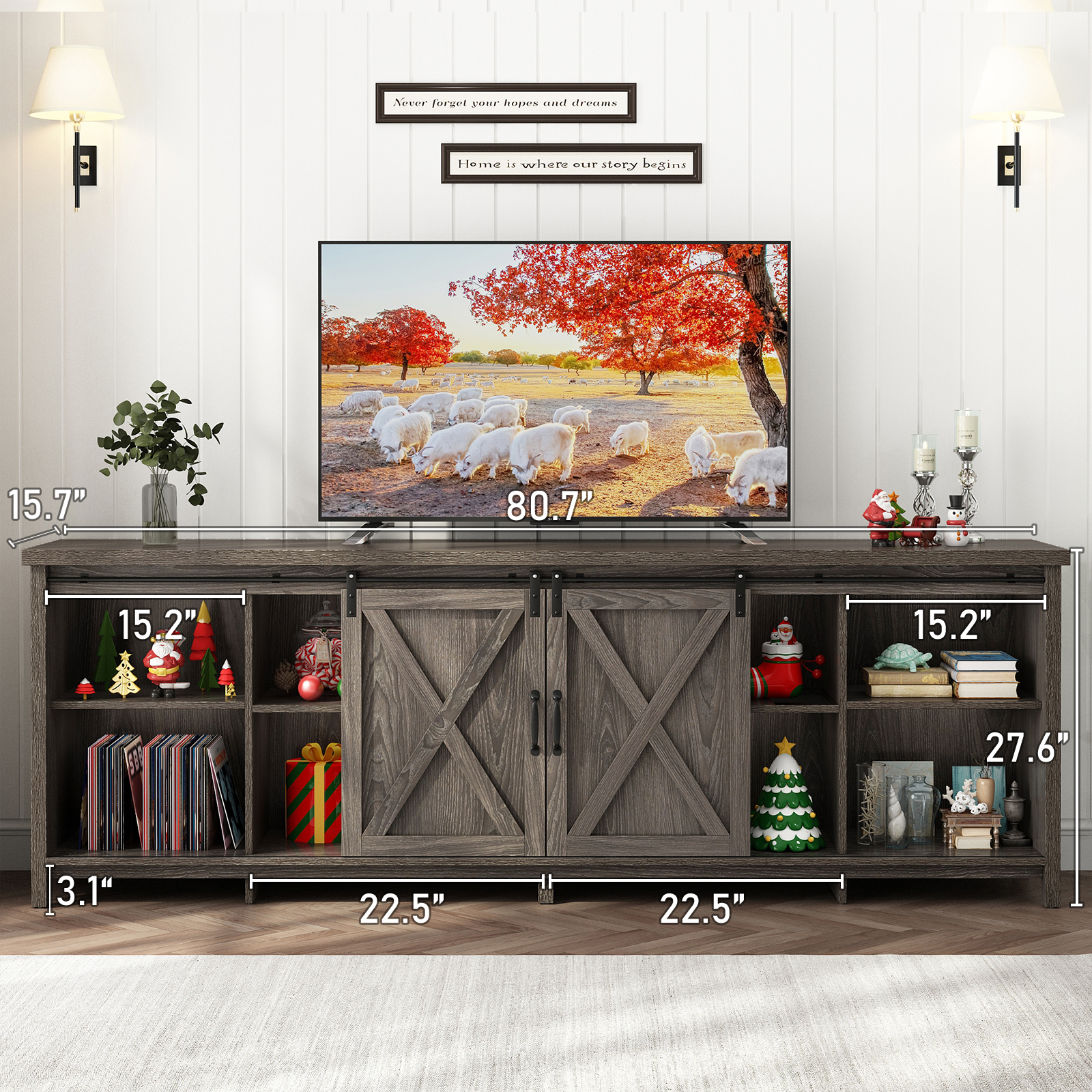 ChVans 70" Farmhouse Sliding Barn Door TV Stand for TVs Up to 80" TVs, Entertainment Center Console Table with Adjustable Shevles