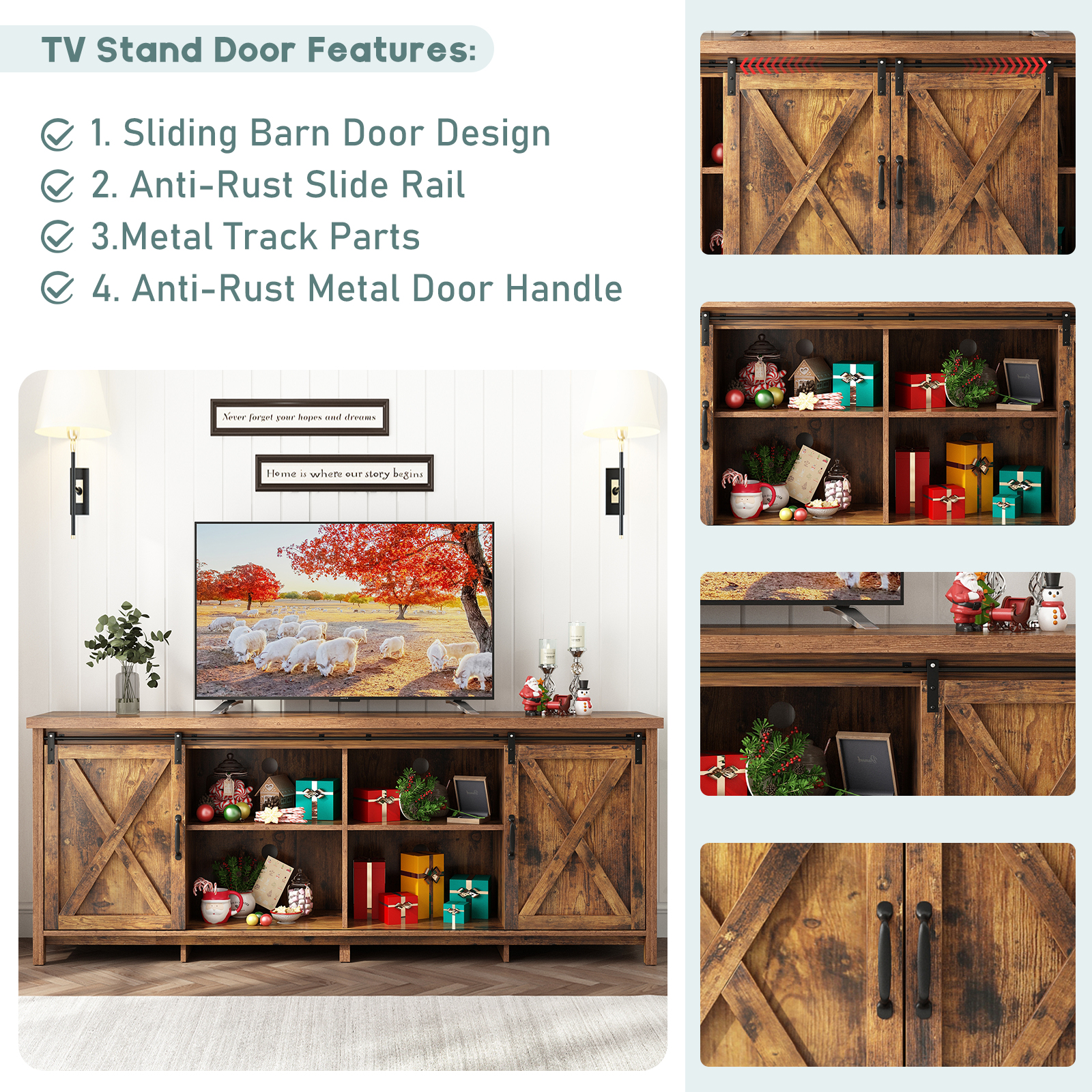 ChVans 70" Farmhouse Sliding Barn Door TV Stand for TVs Up to 80" TVs, Entertainment Center Console Table with Adjustable Shevles