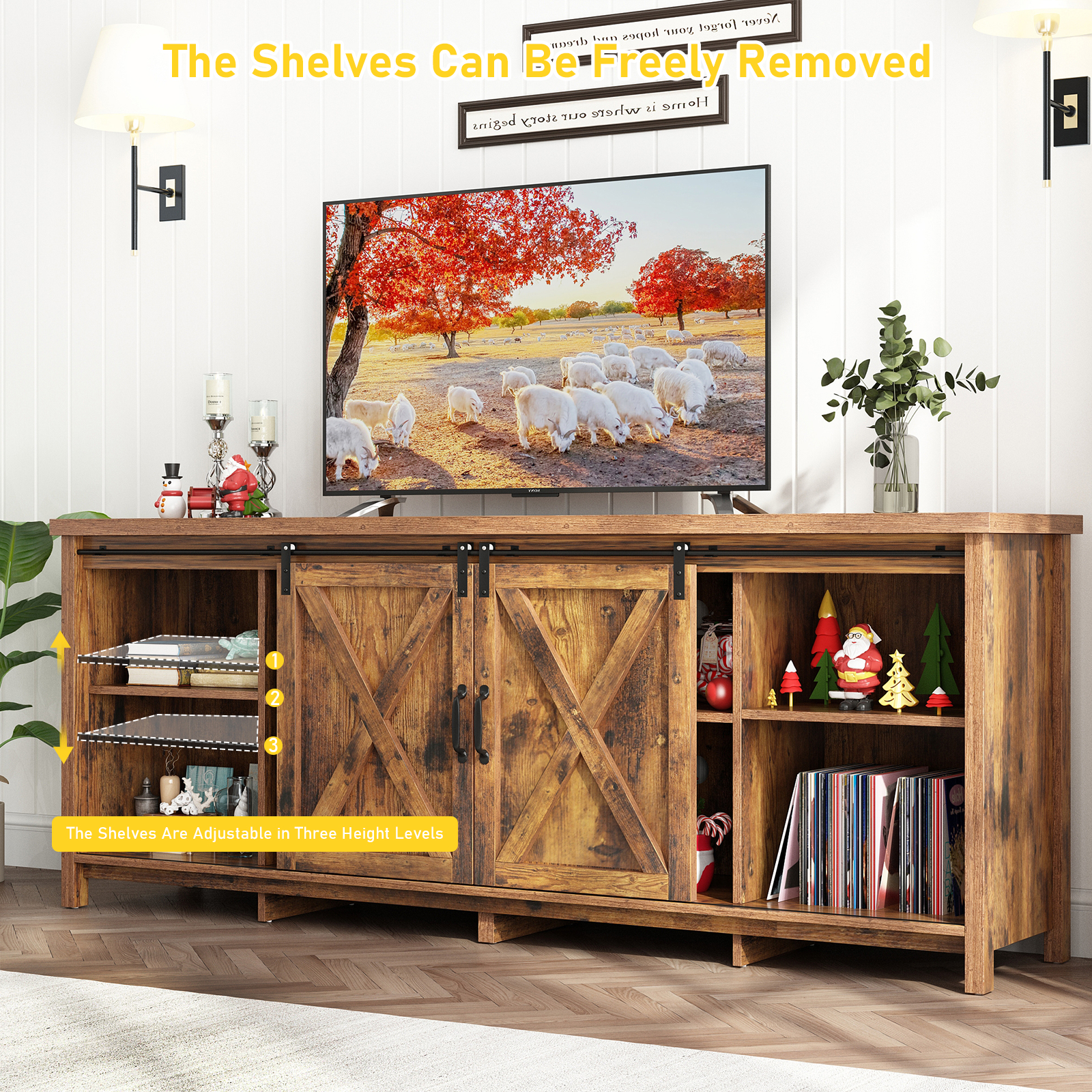 ChVans 70" Farmhouse Sliding Barn Door TV Stand for TVs Up to 80" TVs, Entertainment Center Console Table with Adjustable Shevles