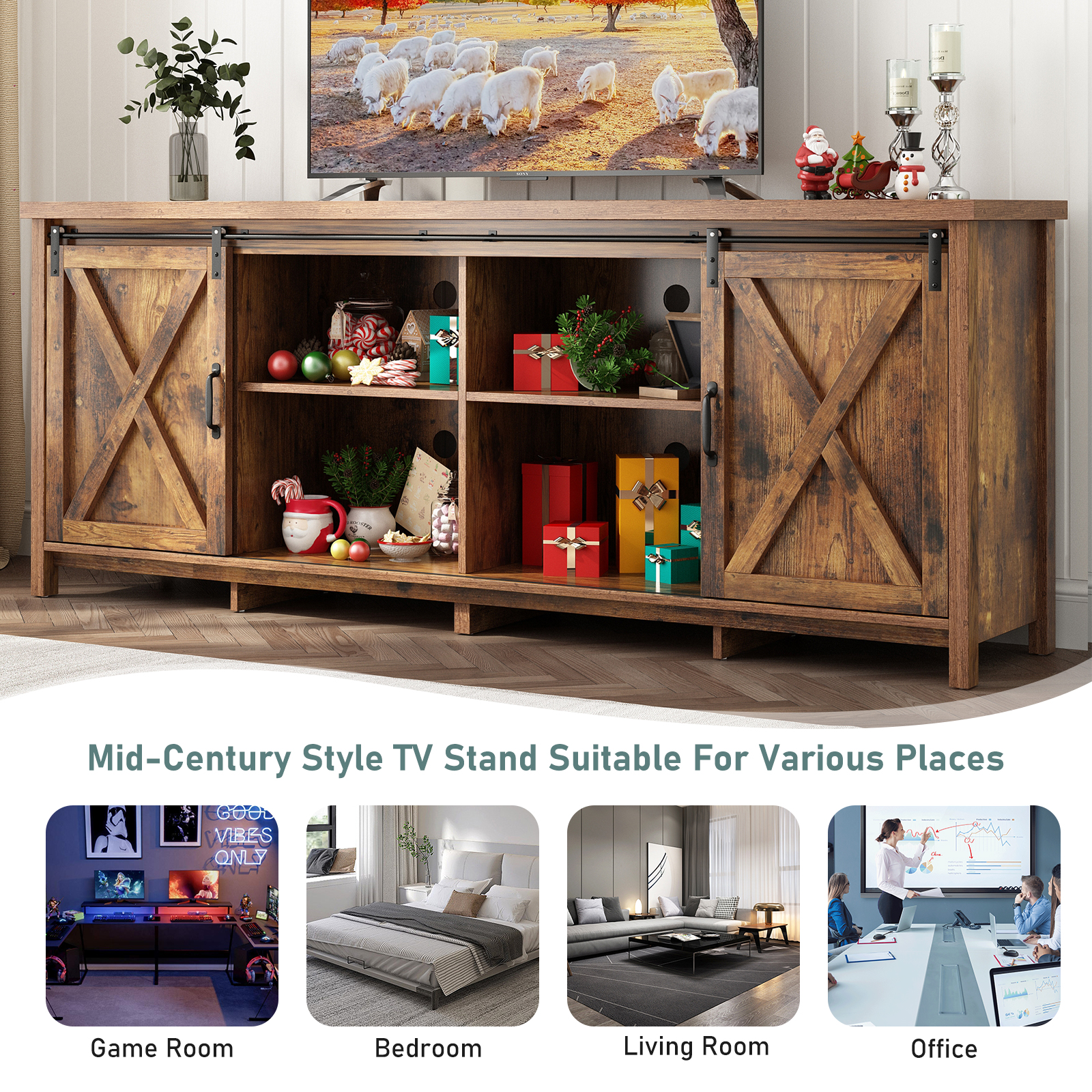 ChVans 70" Farmhouse Sliding Barn Door TV Stand for TVs Up to 80" TVs, Entertainment Center Console Table with Adjustable Shevles