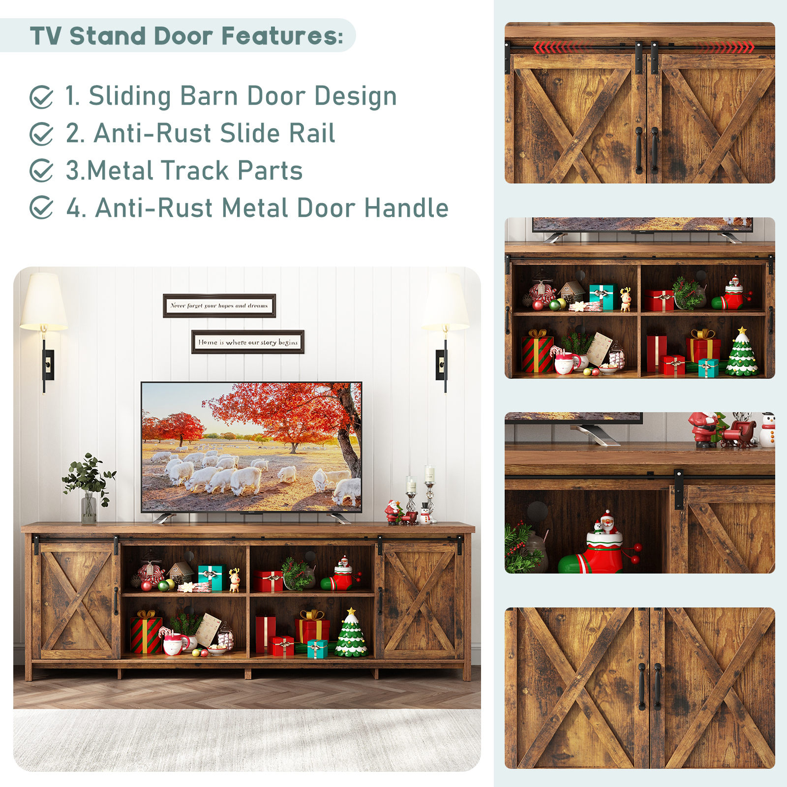 ChVans 70" Farmhouse Sliding Barn Door TV Stand for TVs Up to 80" TVs, Entertainment Center Console Table with Adjustable Shevles