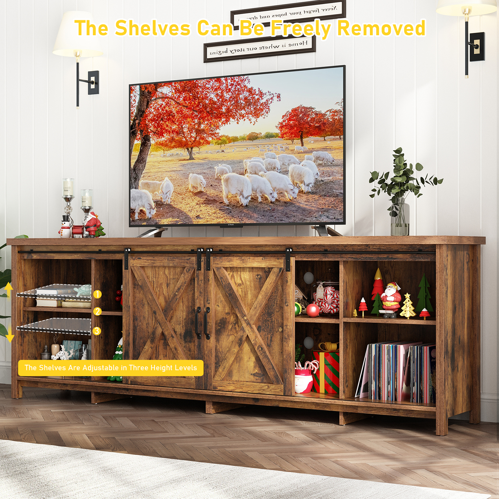 ChVans 70" Farmhouse Sliding Barn Door TV Stand for TVs Up to 80" TVs, Entertainment Center Console Table with Adjustable Shevles