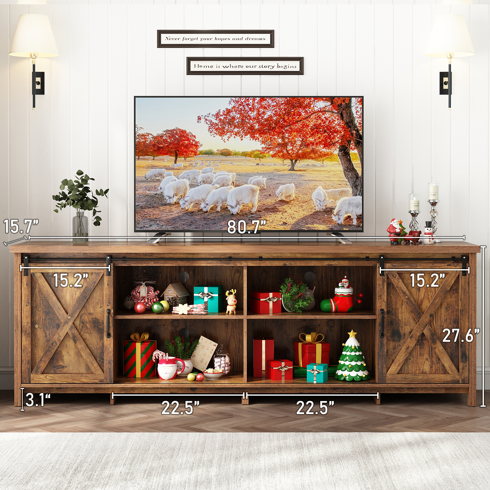 ChVans 70" Farmhouse Sliding Barn Door TV Stand for TVs Up to 80" TVs, Entertainment Center Console Table with Adjustable Shevles