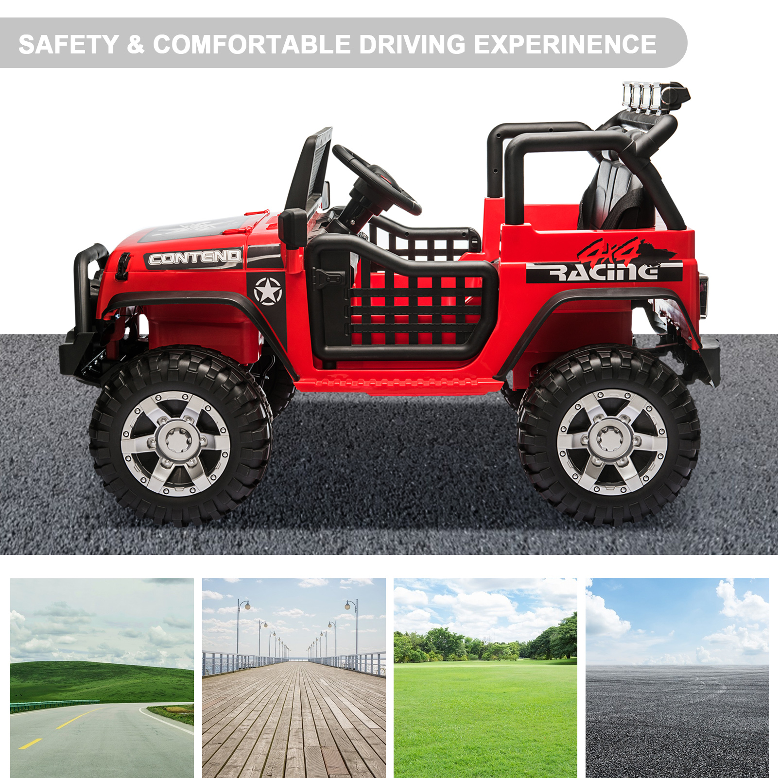 PWFE 12 Volt Kids Electric Car Kids Ride On Car with Remote Control, 2 Seats Kids Jeep with LED Lights, Wheels Suspension, Music, Horn, 110lbs Load(Black)