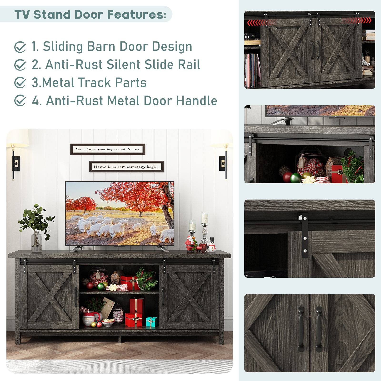 ChVans 70" Farmhouse Sliding Barn Door TV Stand for TVs Up to 80" TVs, Entertainment Center Console Table with Adjustable Shevles