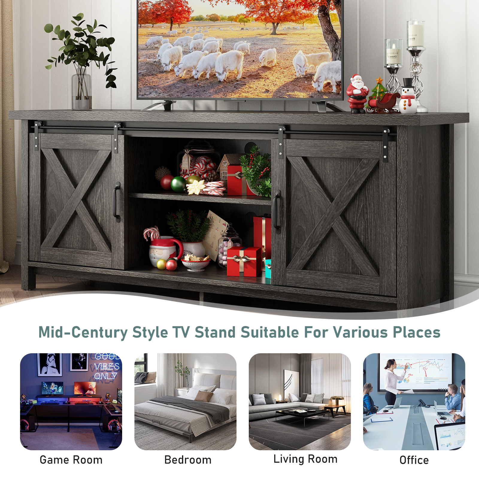 ChVans 70" Farmhouse Sliding Barn Door TV Stand for TVs Up to 80" TVs, Entertainment Center Console Table with Adjustable Shevles