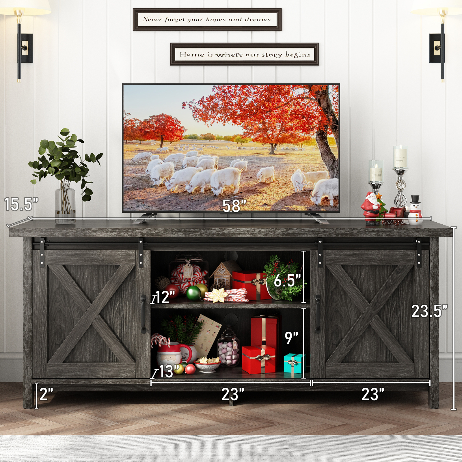 ChVans 70" Farmhouse Sliding Barn Door TV Stand for TVs Up to 80" TVs, Entertainment Center Console Table with Adjustable Shevles
