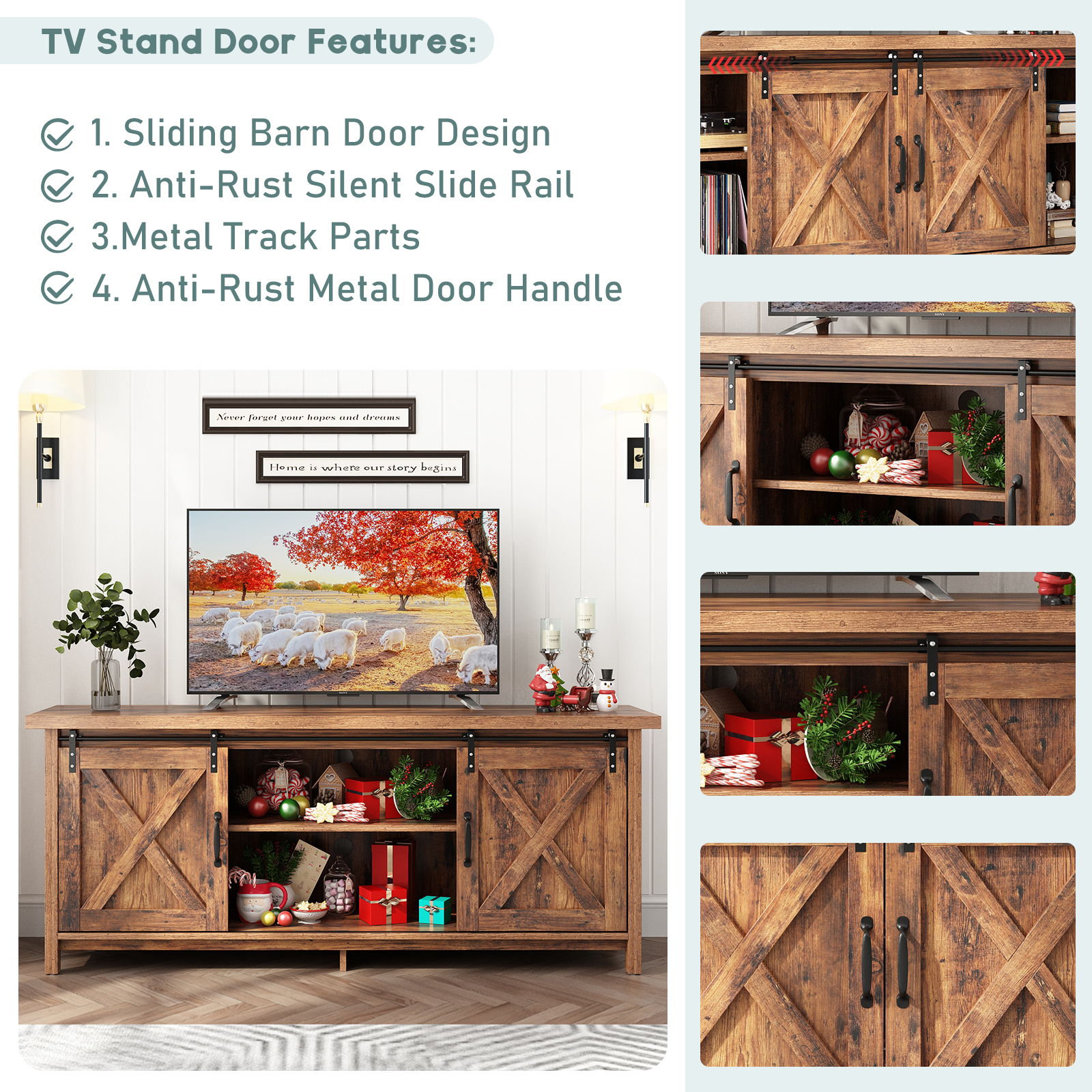 ChVans 70" Farmhouse Sliding Barn Door TV Stand for TVs Up to 80" TVs, Entertainment Center Console Table with Adjustable Shevles