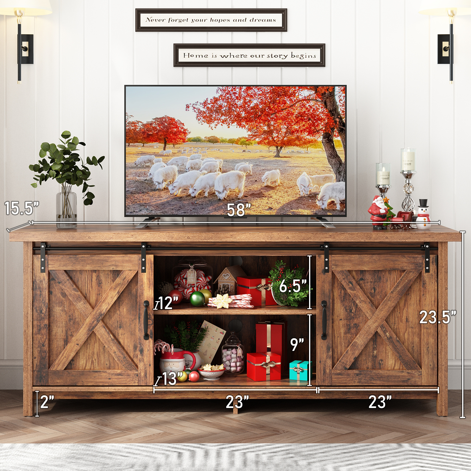 ChVans 70" Farmhouse Sliding Barn Door TV Stand for TVs Up to 80" TVs, Entertainment Center Console Table with Adjustable Shevles