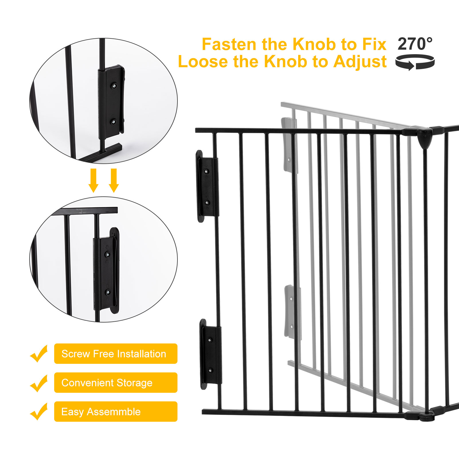 Yaoping 120" Wide Baby Gate Metal Safety Fence for Toddlers/pets/dogs, 5 Panels(Black-5-Panel)