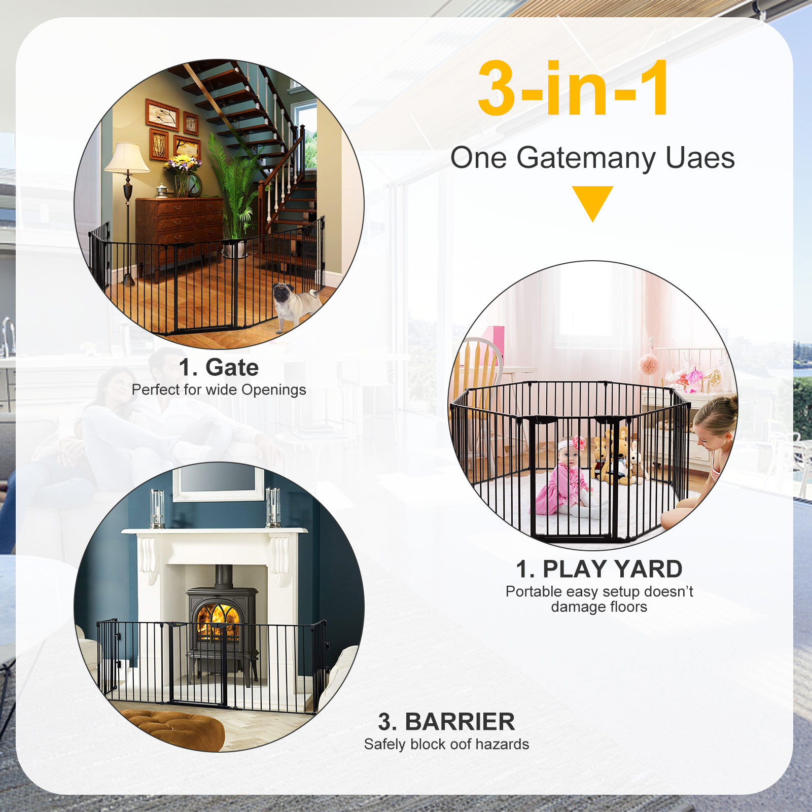 Yaoping 120" Wide Baby Gate Metal Safety Fence for Toddlers/pets/dogs, 5 Panels(Black-5-Panel)