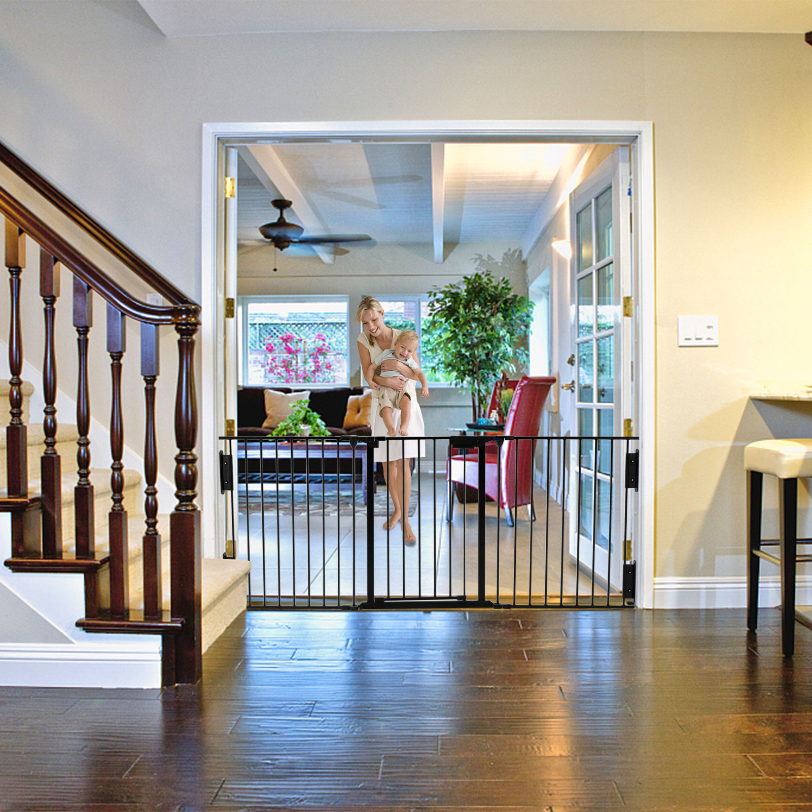 Yaoping 120" Wide Baby Gate Metal Safety Fence for Toddlers/pets/dogs, 5 Panels(Black-5-Panel)