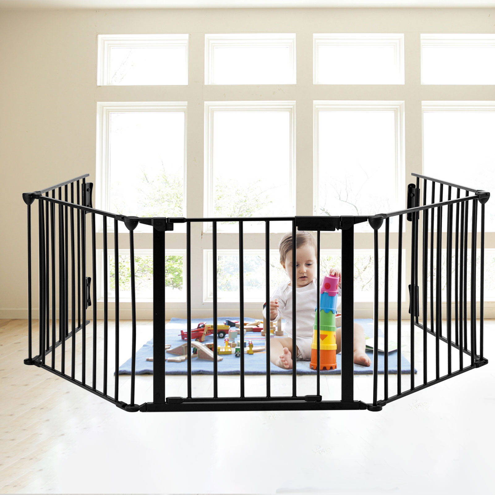 Yaoping 120" Wide Baby Gate Metal Safety Fence for Toddlers/pets/dogs, 5 Panels(Black-5-Panel)
