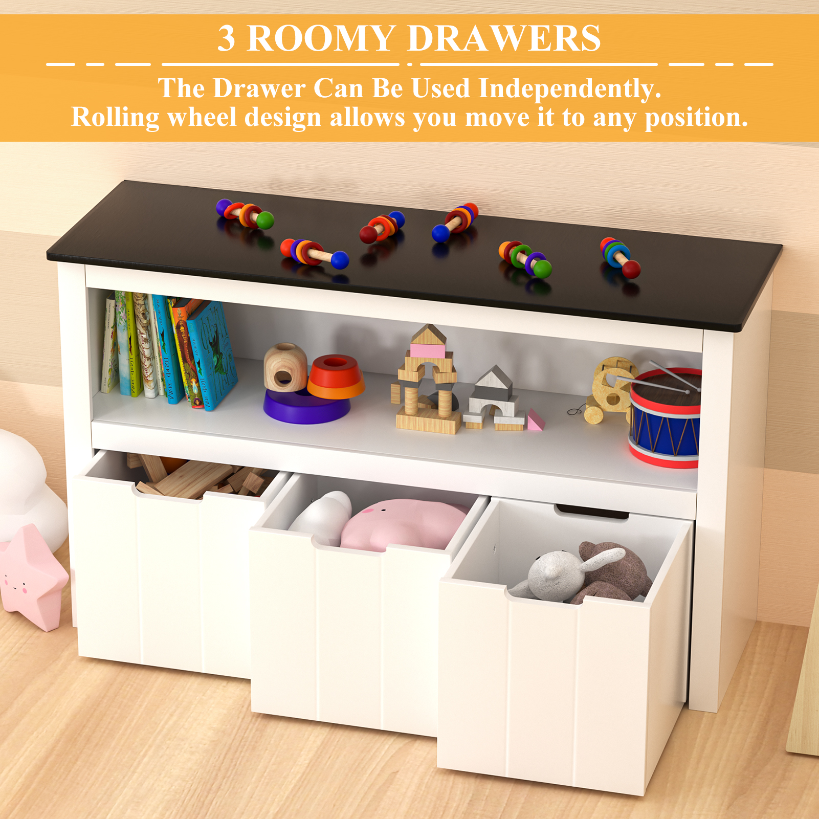 Yaoping Kids Toy Storage Organizer for Kids Room Organizers and Storage, 3 Storage Bins and Open Shelf for Playroom Storage